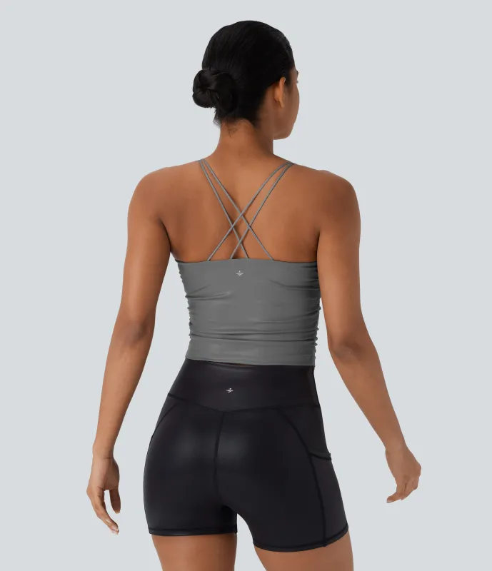 Halara Top de yoga corto de cuero sintético con espalda descubierta, fruncido y entrecruzado, de secado rápido - Steel Gray - S sold by Halara