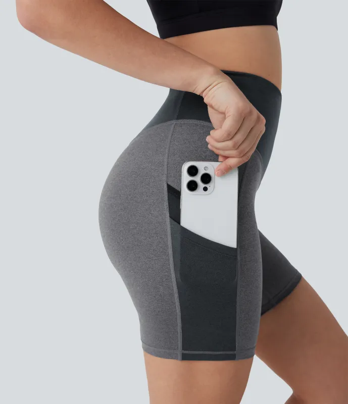 Halara Shorts de yoga de cintura alta de malla en contraste con bloques de color y secado rápido de 18 cm y con bolsillos - Dusky Charcoal - M sold by Halara