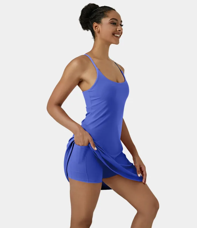 Halara Vestido activo más largo Softlyzero™ Airy sin espalda recortado correa ajustable bolsillo 2 en 1 tacto fresco UPF50+ - Aster Blue - XS sold by Halara