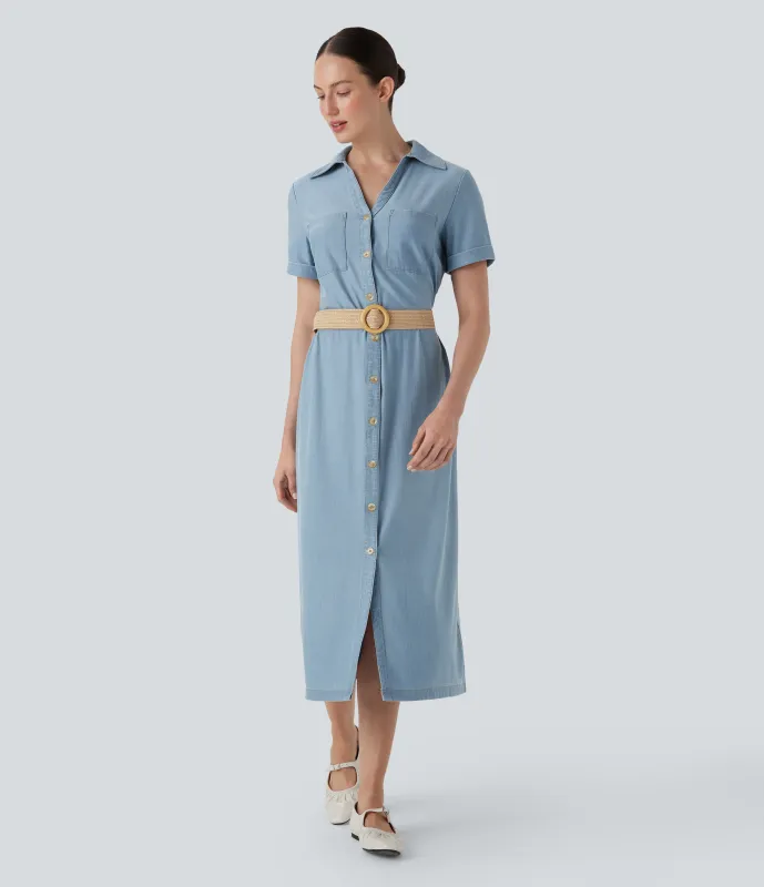Halara Vestido midi casual de mezclilla elástica Halara Flex™ de manga corta con botones y bolsillos en el pecho - Moonstone Denim - L sold by Halara