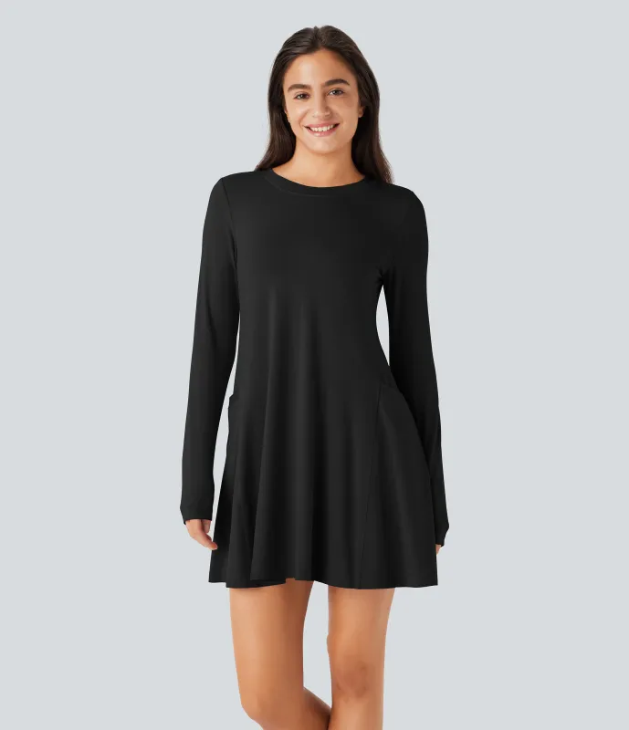 Halara Mini Vestido drapeado bolsillo lateral abertura pulgar cuello redondo manga larga - Black - XS sold by Halara