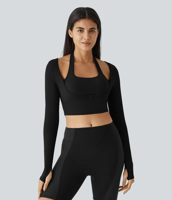 Halara Top deportivo Softlyzero™ Plush yoga 2 en 1 recortado manga larga orificio para pulgar cuello halter - Black - XL sold by Halara