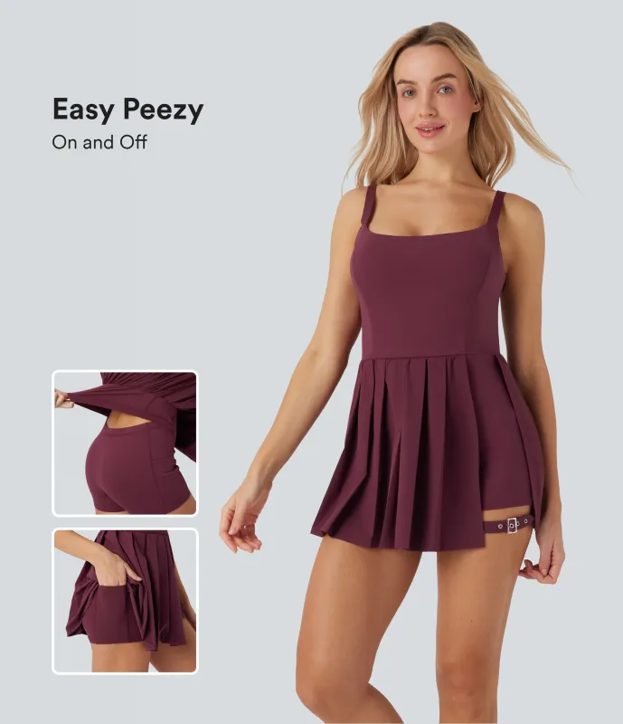 Halara Vestido lencero casual Breezeful™ 2 en 1 de secado rápido con hebilla ajustable y plisado con bolsillo - Easy Peezy - Amaranth - M sold by Halara