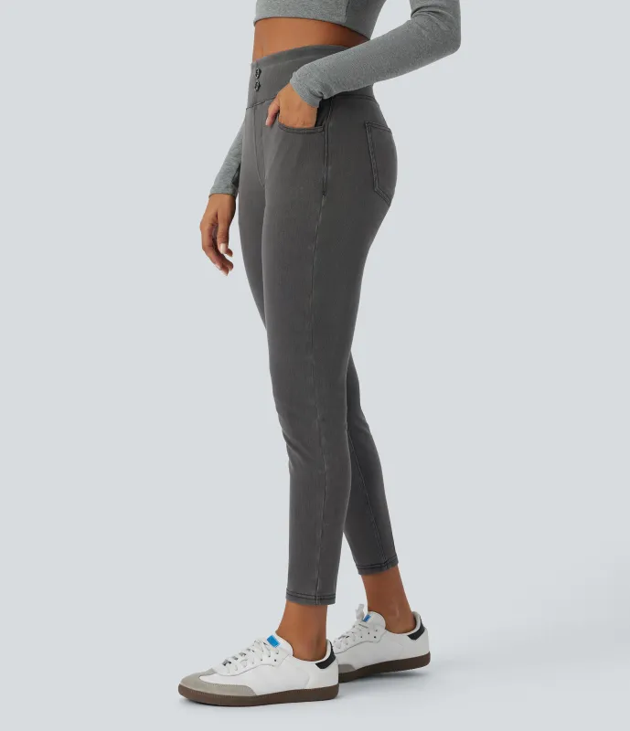 Halara Leggings Halara Flex™ Denim mezclilla punto elástico botones decorativos tiro alto curva múltiples bolsillos 7/8 - Hemp Rope Black Denim - XL(7/8) sold by Halara