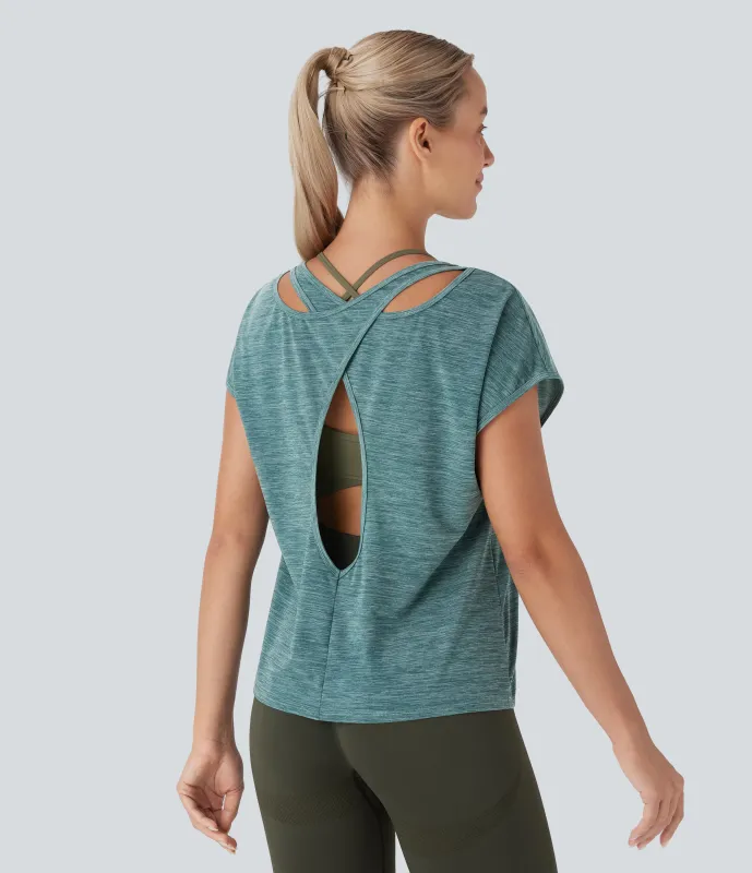 Halara Top deportivo running de manga corta con cuello redondo y espalda con aberturas - Green Texture - S sold by Halara