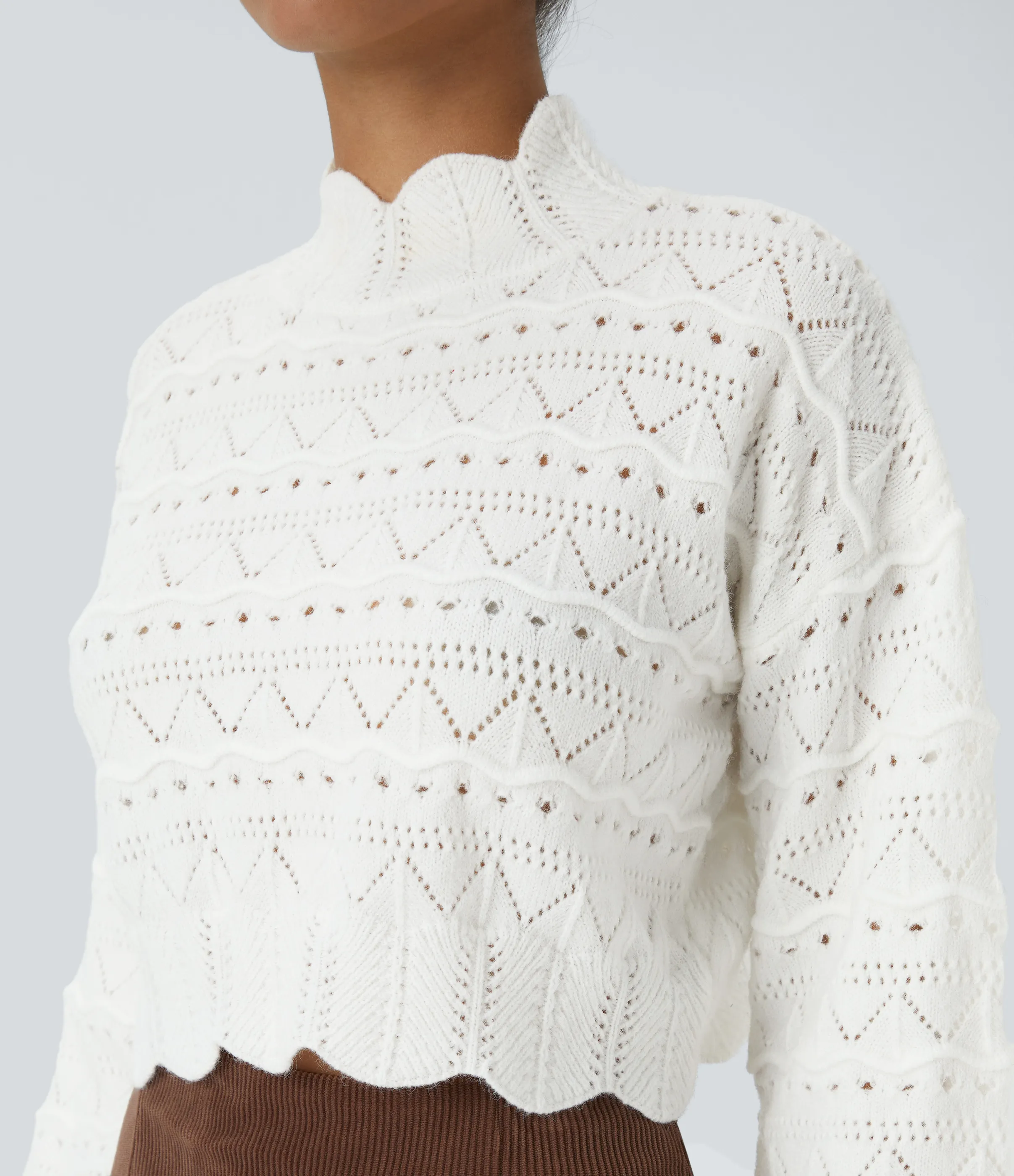 Halara Suéter abierto dobladillo festoneado manga obispo cuello alto - White - XL sold by Halara product image thumbnail 5