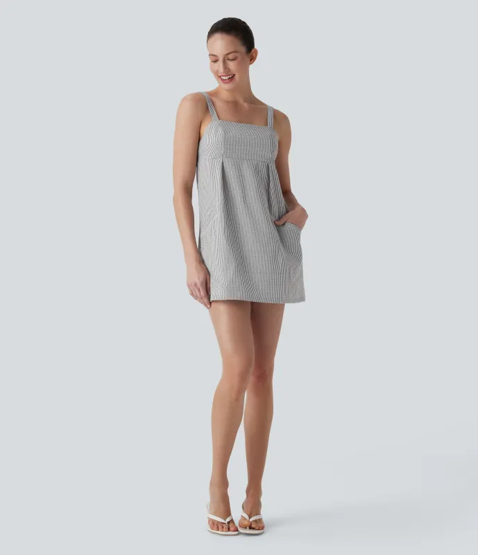 Halara Vestido mini de playa a rayas con espalda descubierta y bolsillos - Light Black White Stripe - M sold by Halara