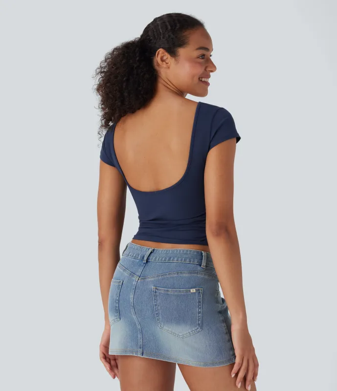 Halara Top de fiesta ajustado fruncido con espalda abierta - Assad Dark Blue - L sold by Halara