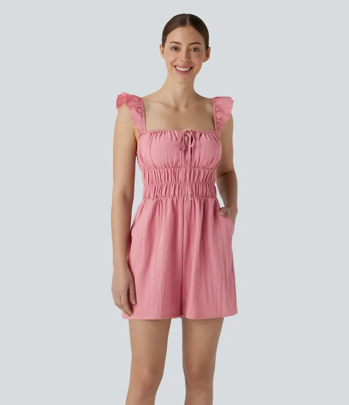 Halara Mono lino cuello cuadrado sin mangas cordón sin espalda fruncido bolsillo lateral - Rosette - M sold by Halara