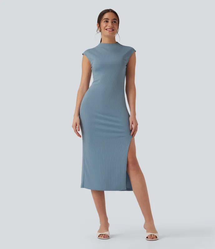 Halara Vestido casual ajustado midi de punto acanalado con cuello alto y manga corta - Mountain Spring - M sold by Halara