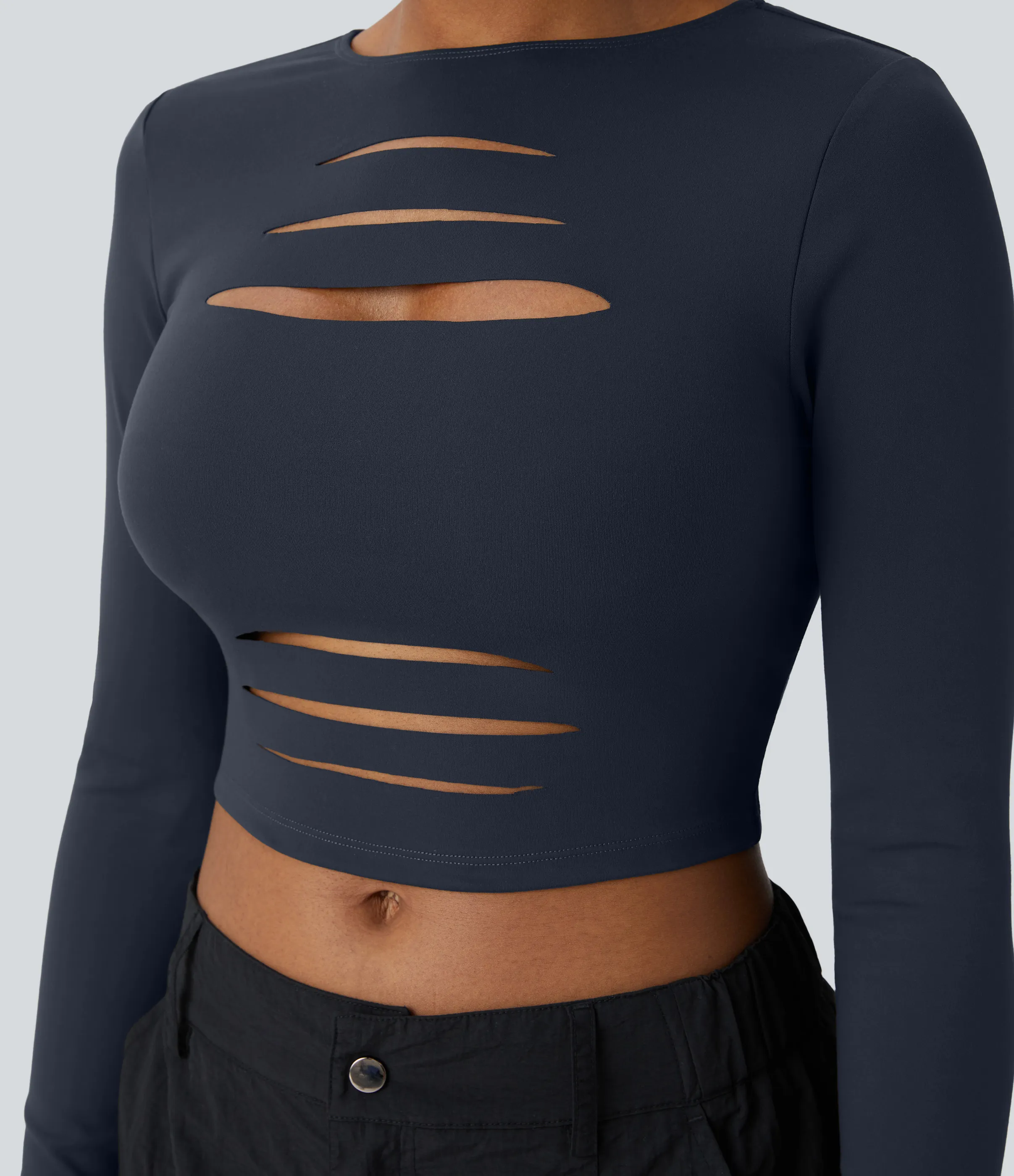 Halara Top ajustado cuello redondo manga larga corte rasgado corte ajustado - Midnight Blue - XL sold by Halara