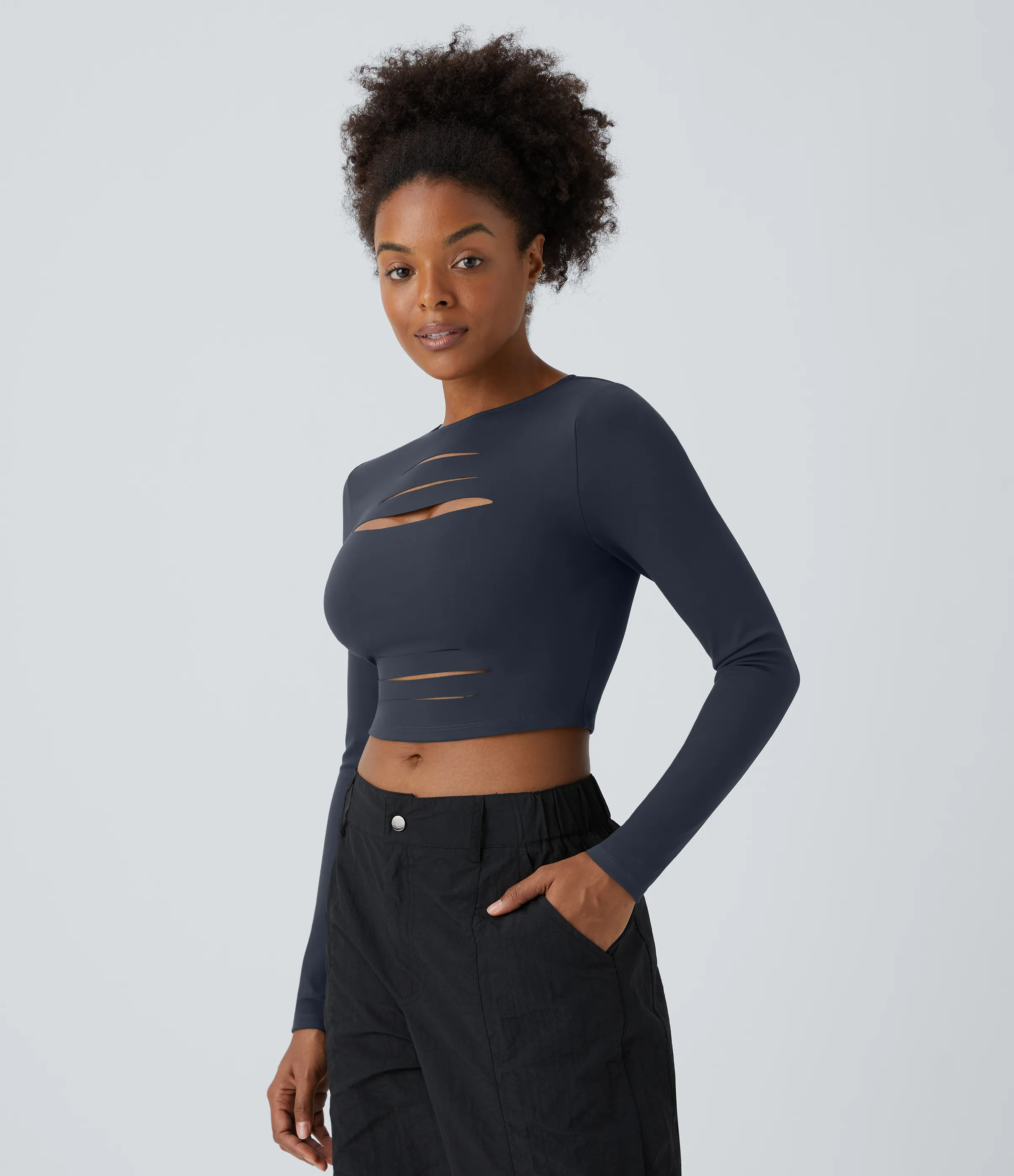 Halara Top ajustado cuello redondo manga larga corte rasgado corte ajustado - Midnight Blue - XL sold by Halara product image thumbnail 3