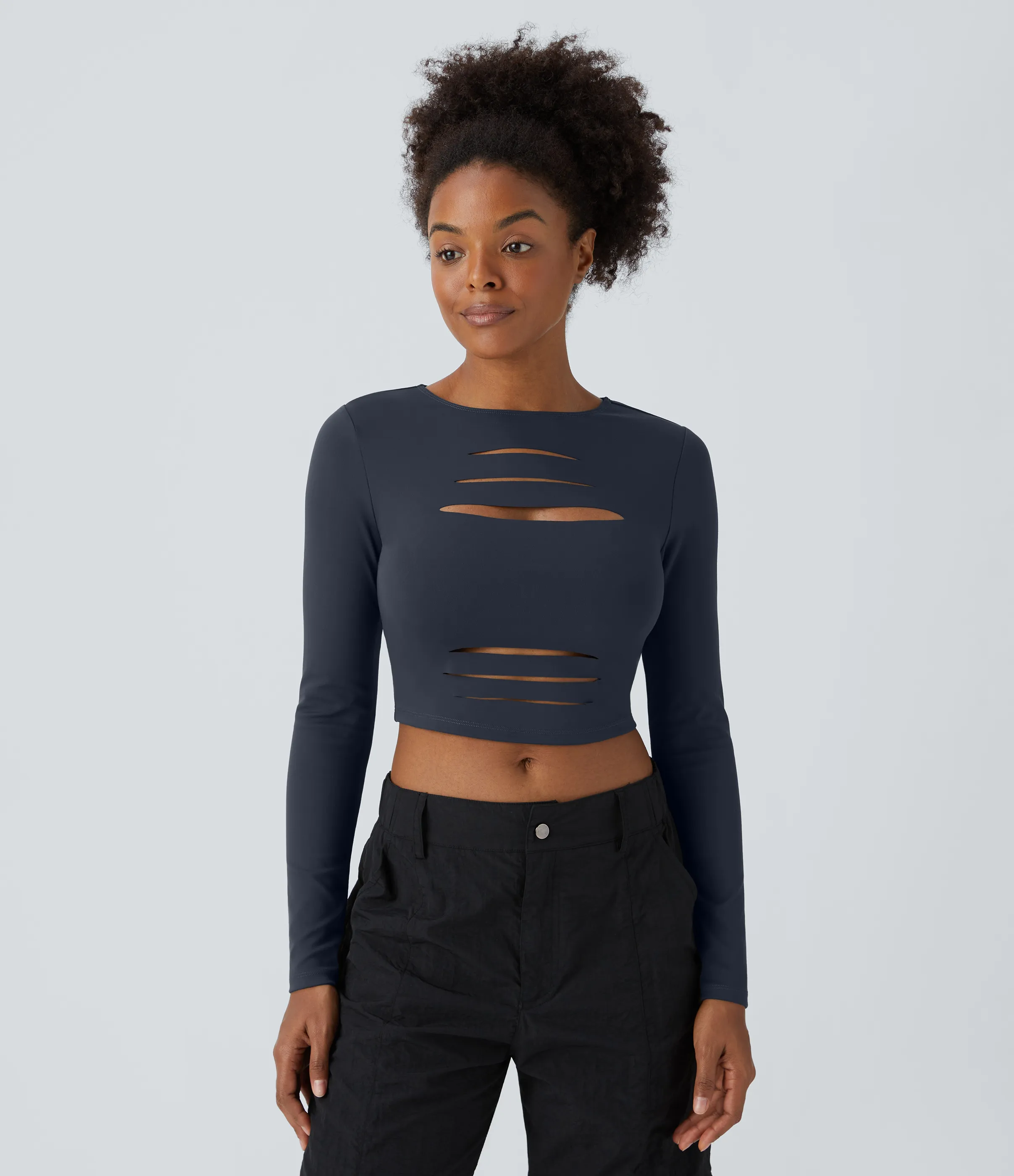 Halara Top ajustado cuello redondo manga larga corte rasgado corte ajustado - Midnight Blue - XL sold by Halara product image thumbnail 5