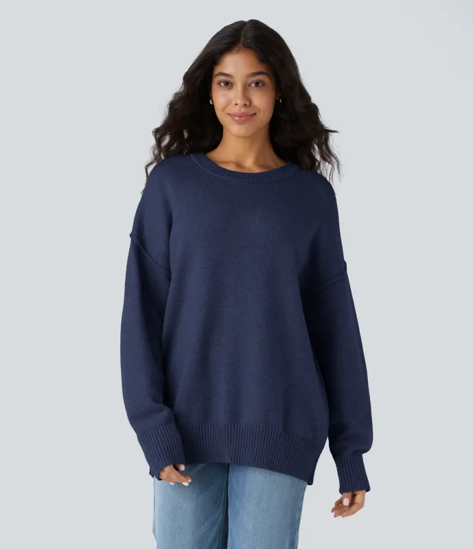 Halara Suéter manga larga hombro caído cuello redondo - Dark Blue - S sold by Halara