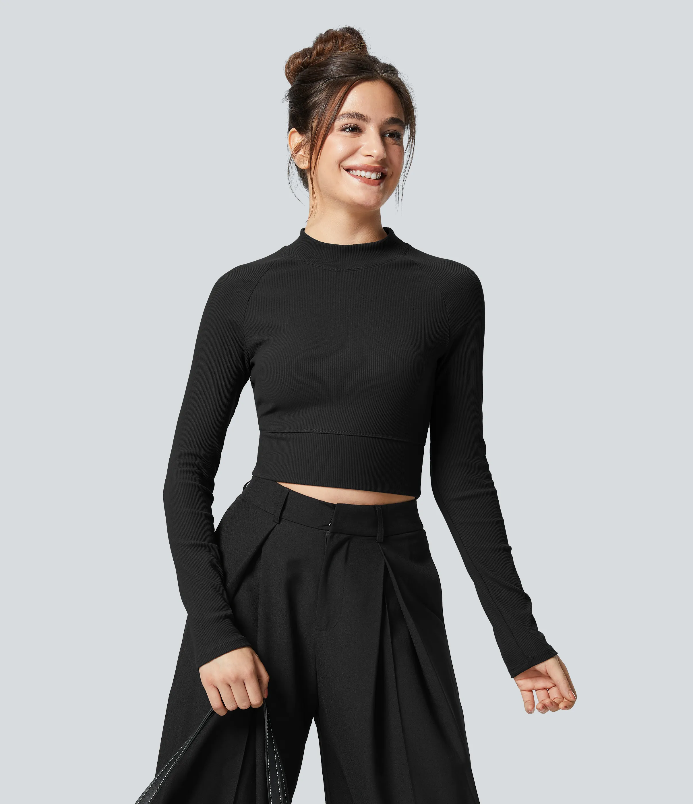 Halara Top deportivo Softlyzero™ acanalado de manga larga con cuello perkins - Black - S sold by Halara product image thumbnail 2