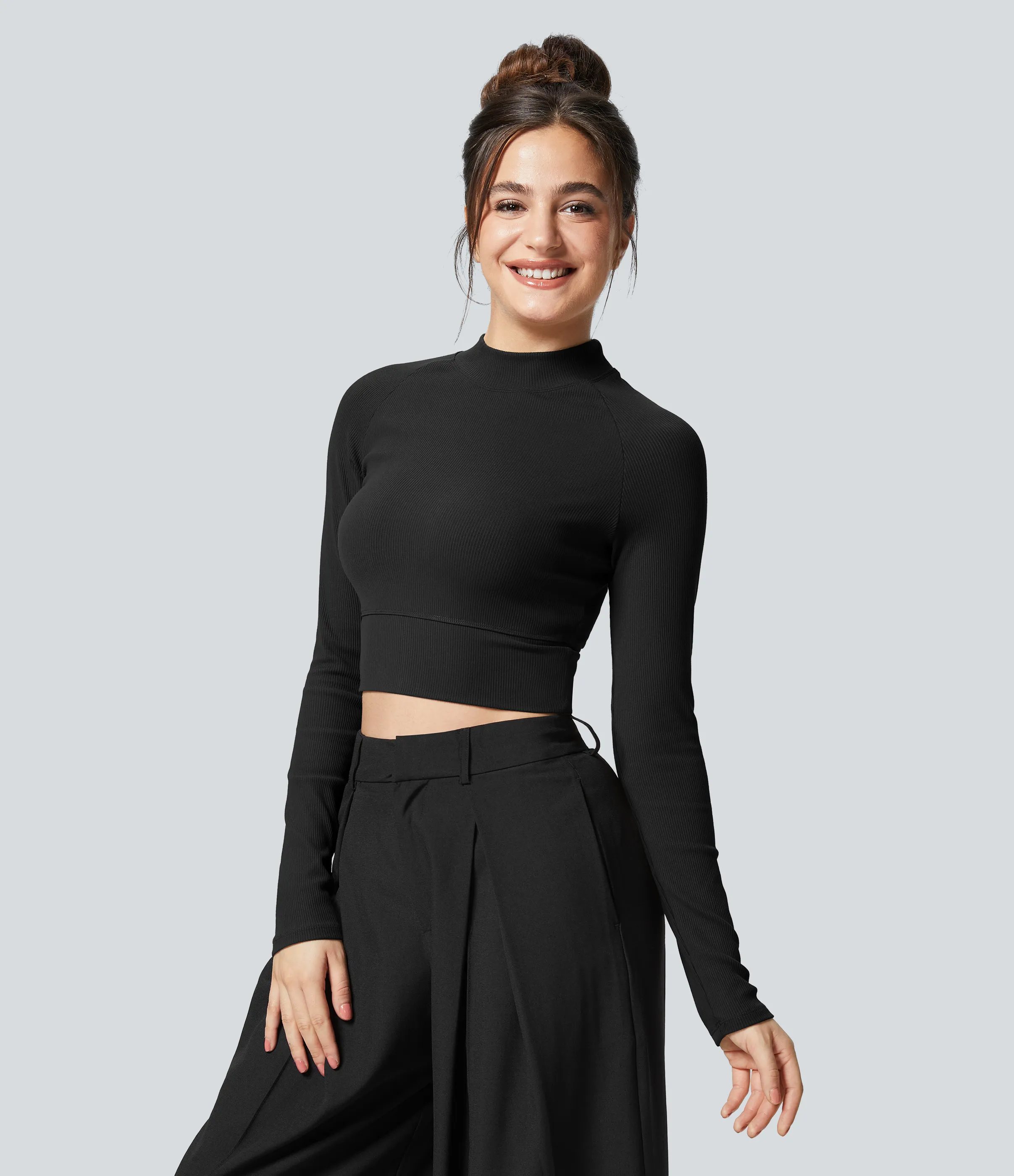 Halara Top deportivo Softlyzero™ acanalado de manga larga con cuello perkins - Black - S sold by Halara product image thumbnail 4