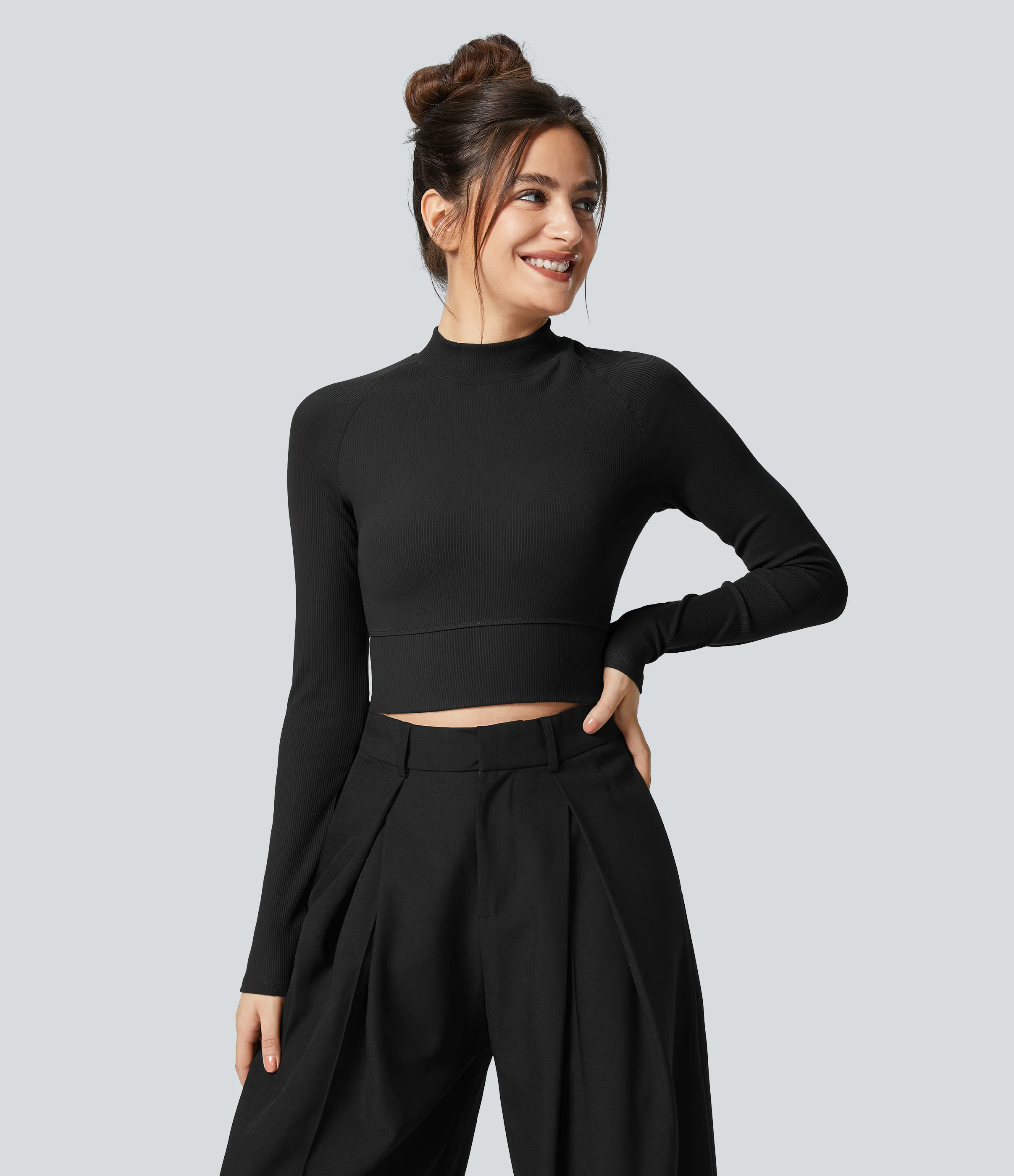 Halara Top deportivo Softlyzero™ acanalado de manga larga con cuello perkins - Black - S sold by Halara product image thumbnail 5