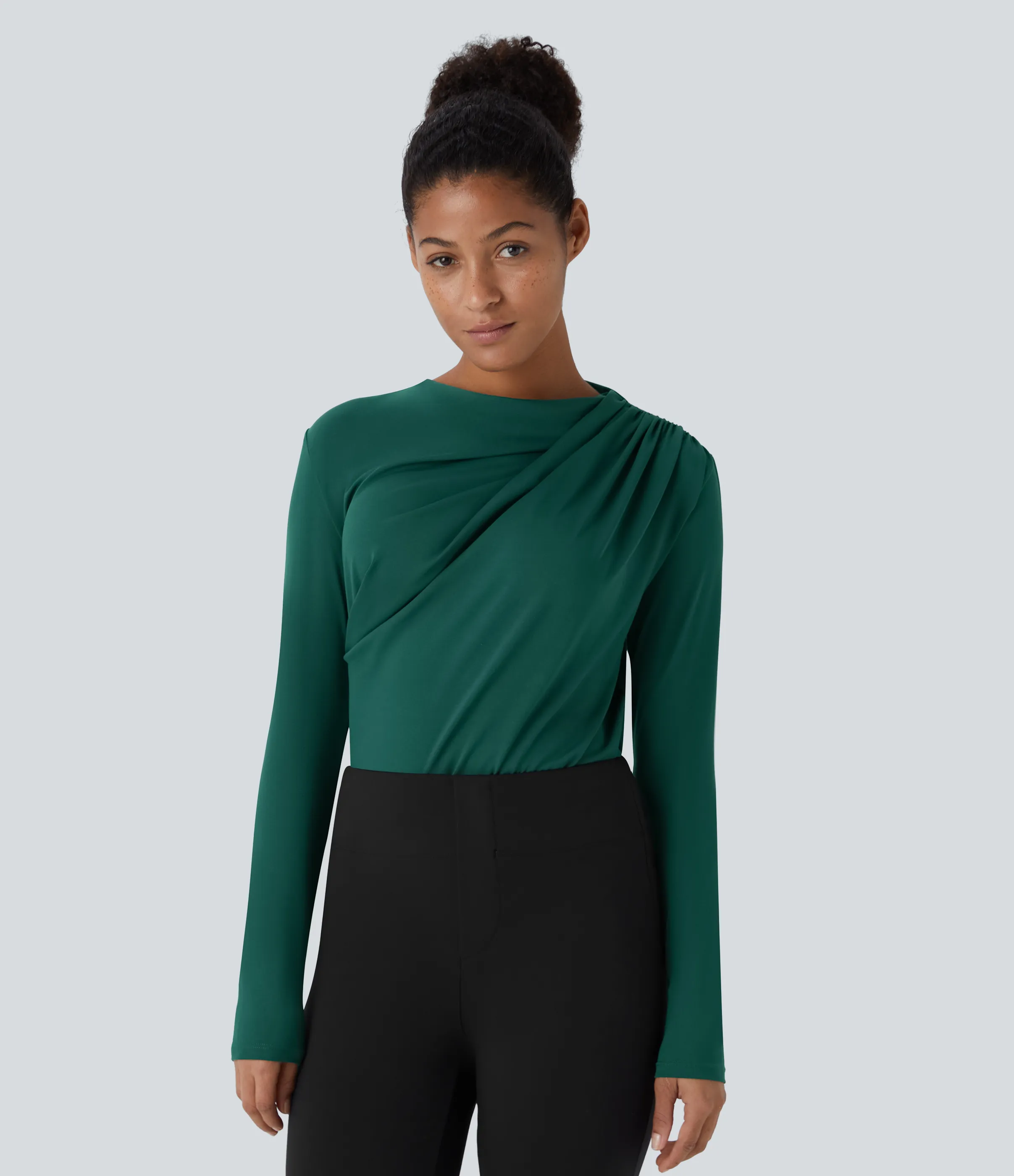 Halara Blusa oficina ajustada manga larga fruncida cuello vuelto - Rain Forest - M sold by Halara product image thumbnail 2