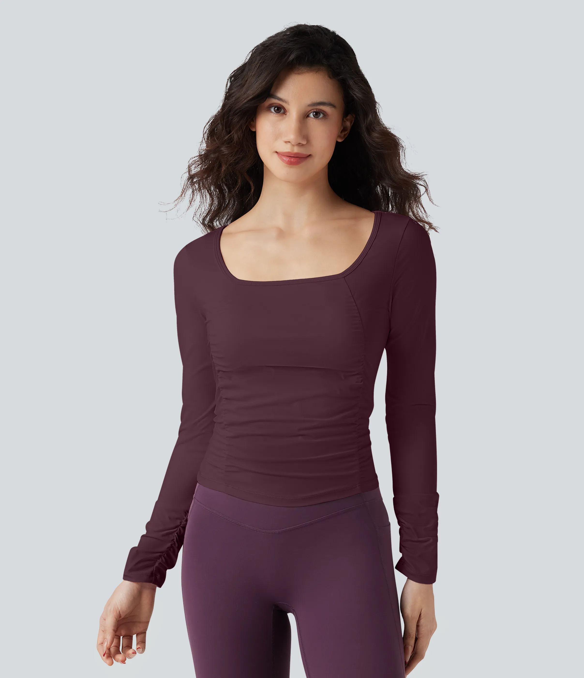 Halara Top deportivo de entrenamiento SoftlyZero™ con cuello cuadrado de manga larga con fruncido y tacto fresco - Fig - S sold by Halara product image thumbnail 2