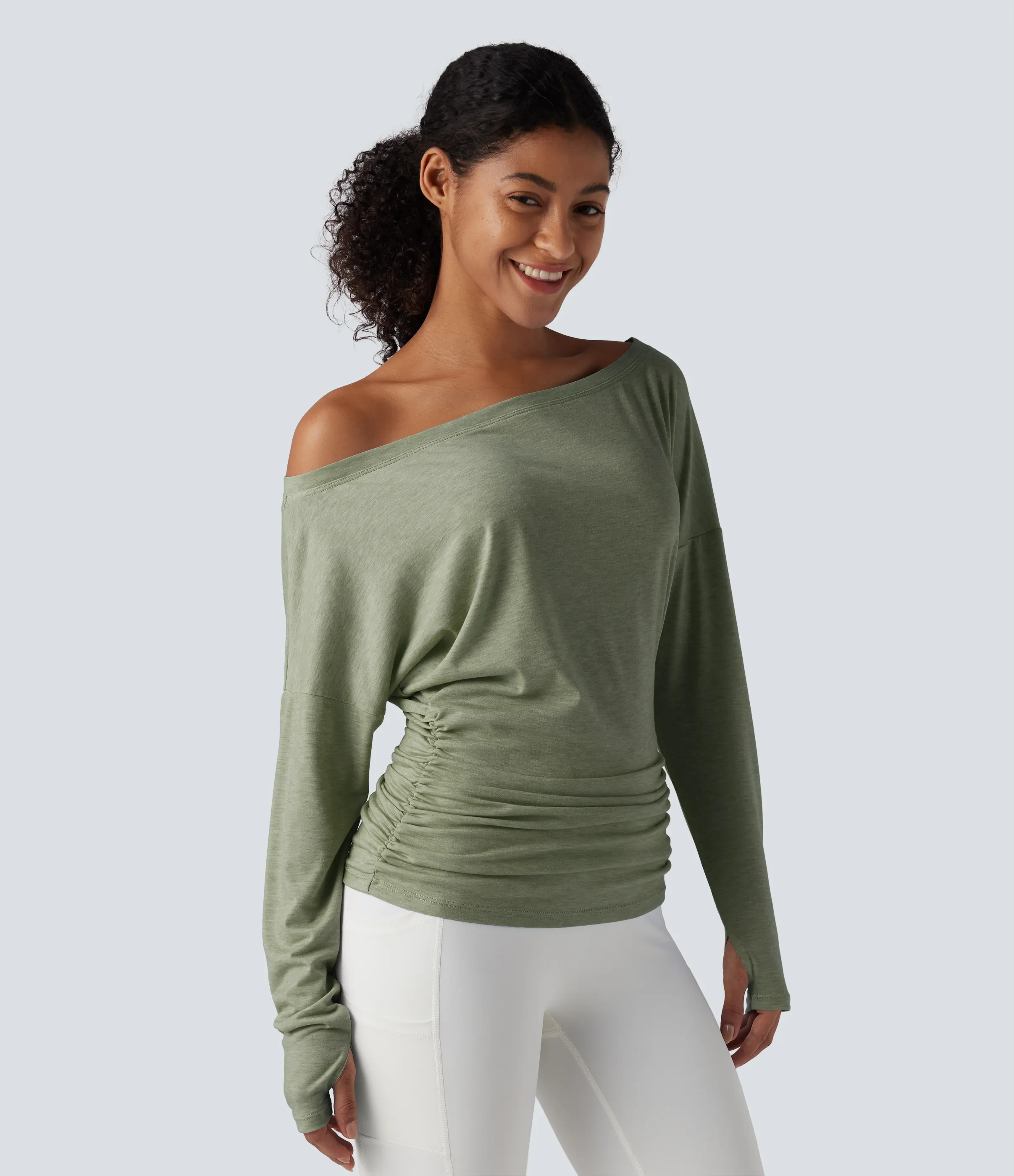 Halara Top deportivo de yoga fruncido con manga larga y un solo hombro con abertura para el pulgar - Iceberg Green - S sold by Halara product image thumbnail 2