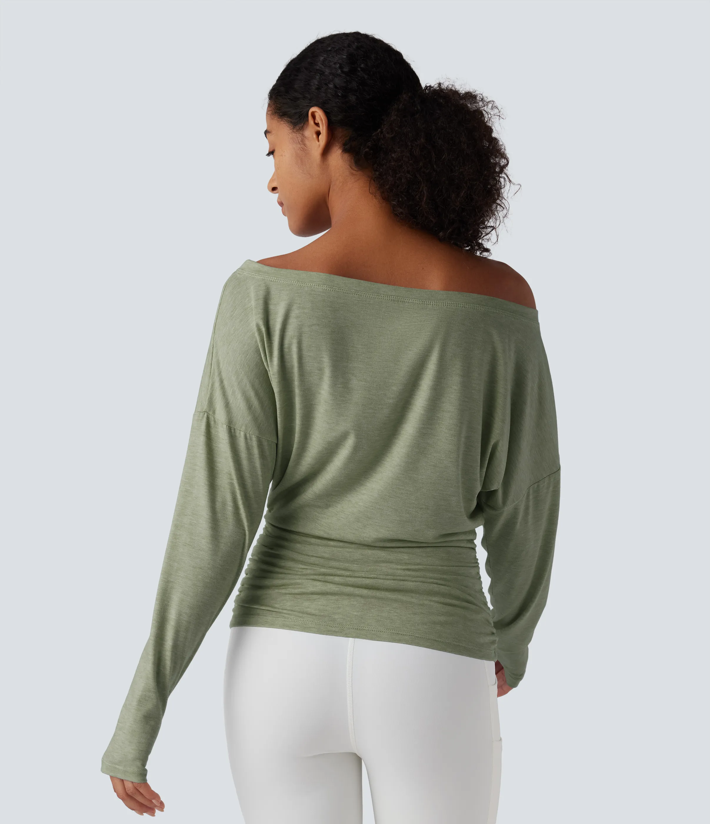 Halara Top deportivo de yoga fruncido con manga larga y un solo hombro con abertura para el pulgar - Iceberg Green - S sold by Halara product image thumbnail 3