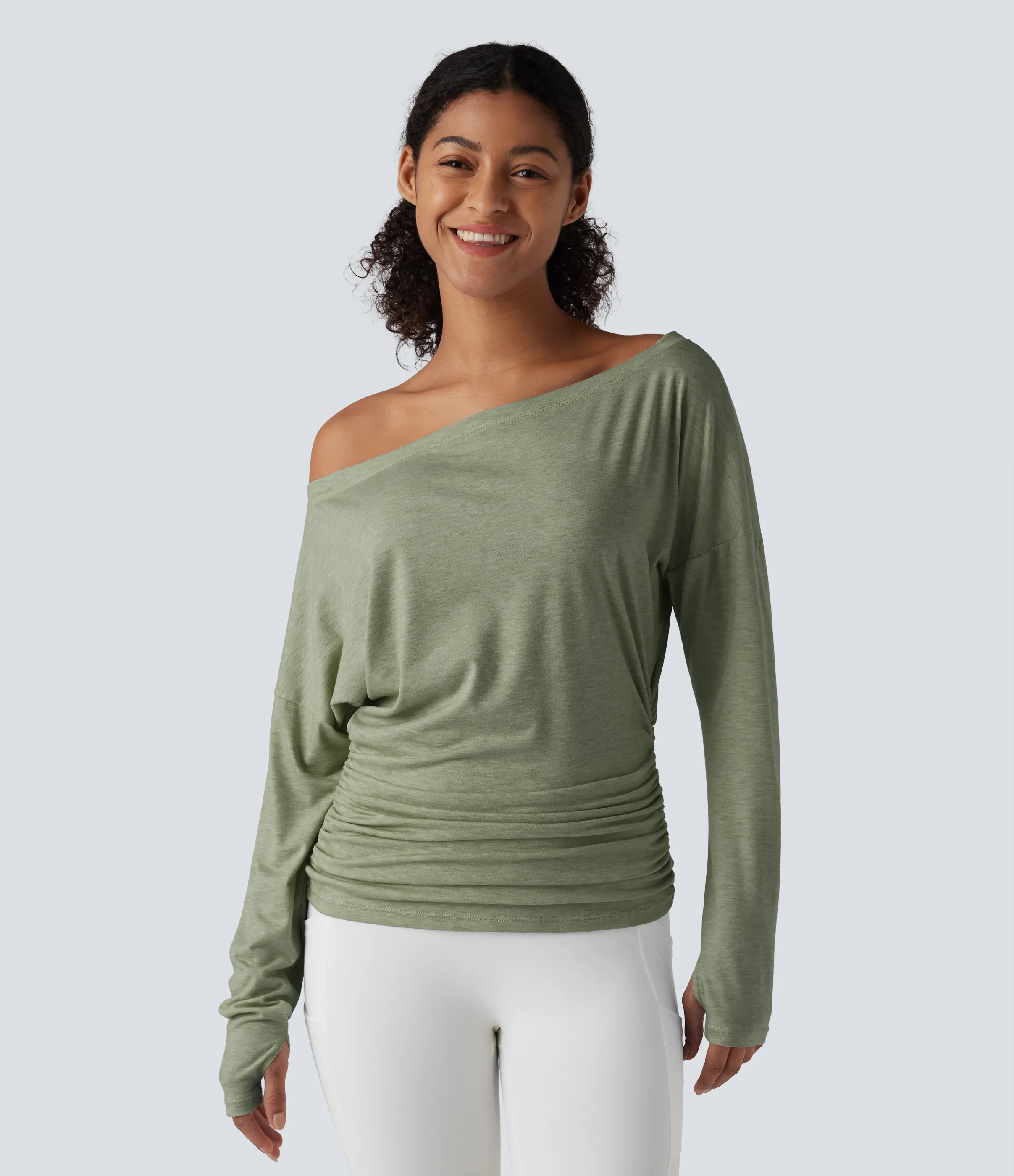 Halara Top deportivo de yoga fruncido con manga larga y un solo hombro con abertura para el pulgar - Iceberg Green - S sold by Halara product image thumbnail 4