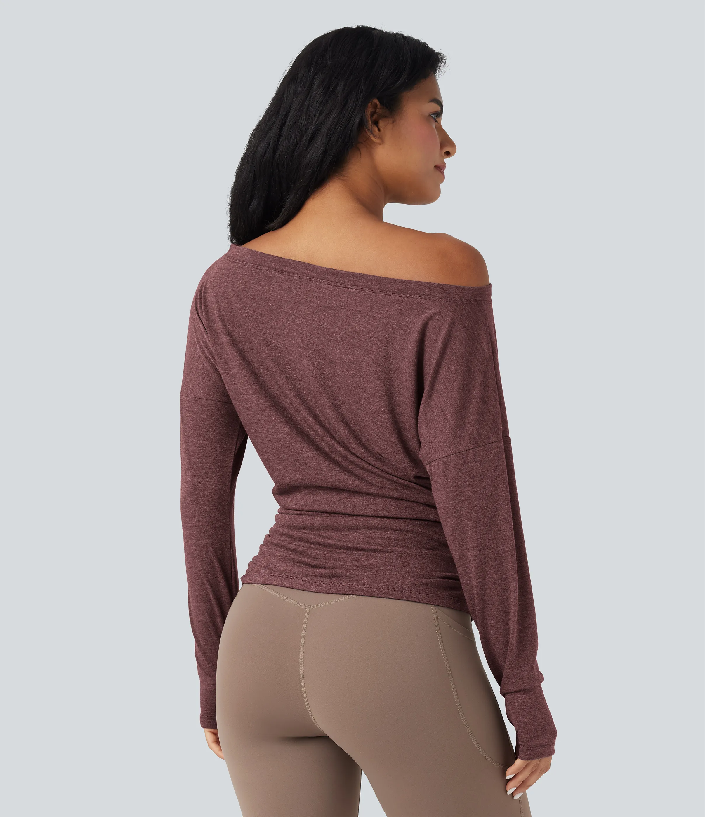 Halara Top deportivo de yoga fruncido con manga larga y un solo hombro con abertura para el pulgar - Mottled Begonia - XS sold by Halara product image thumbnail 3