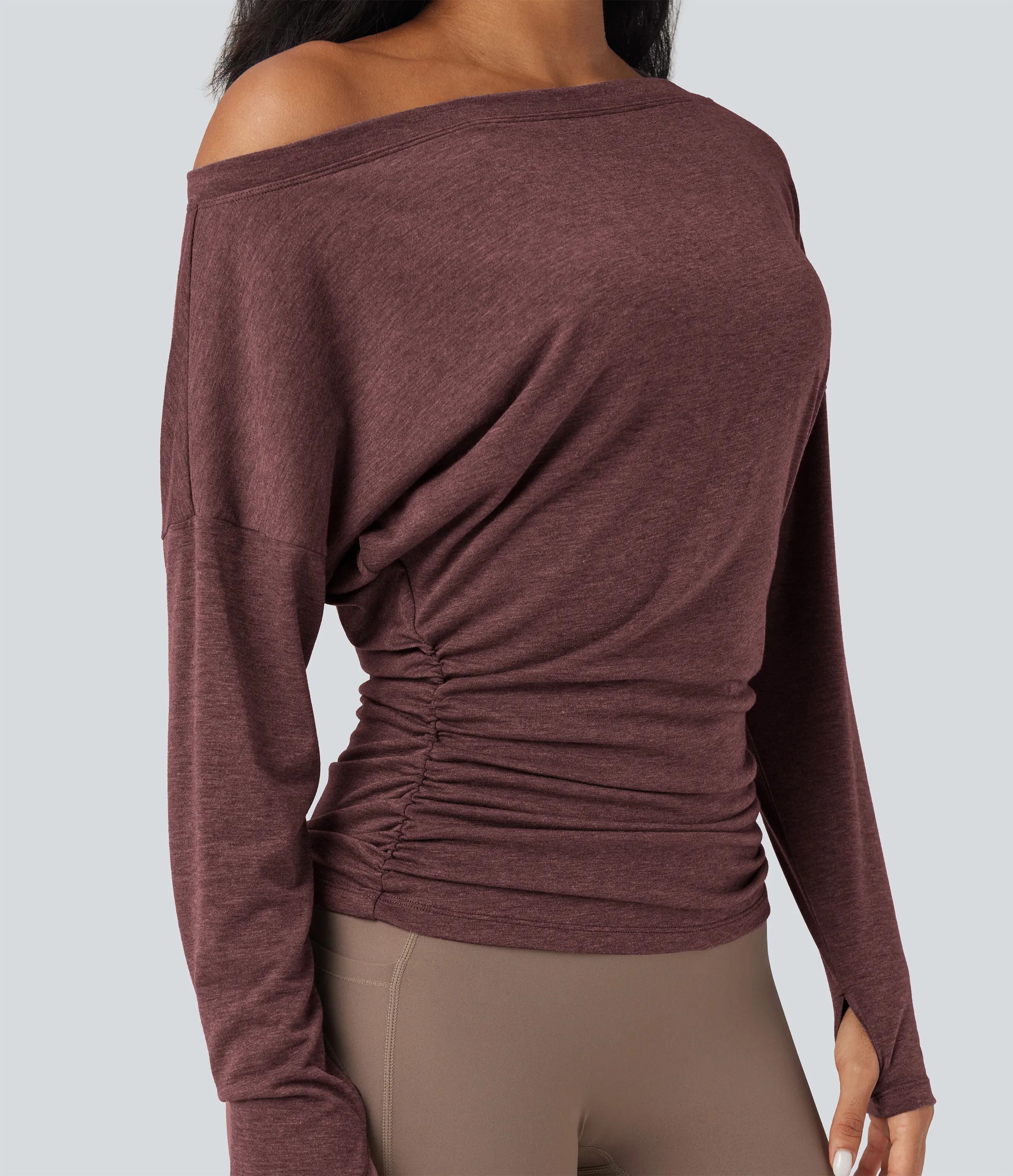 Halara Top deportivo de yoga fruncido con manga larga y un solo hombro con abertura para el pulgar - Mottled Begonia - XS sold by Halara product image thumbnail 5