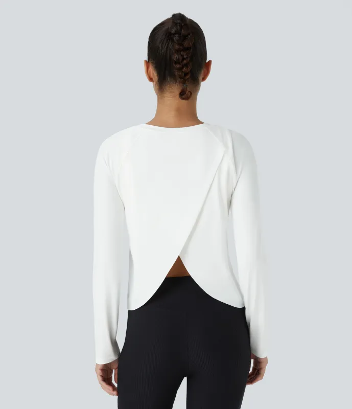 Halara Top deportivo yoga tacto fresco manga larga abertura dobladillo malla contrastante - White - S sold by Halara