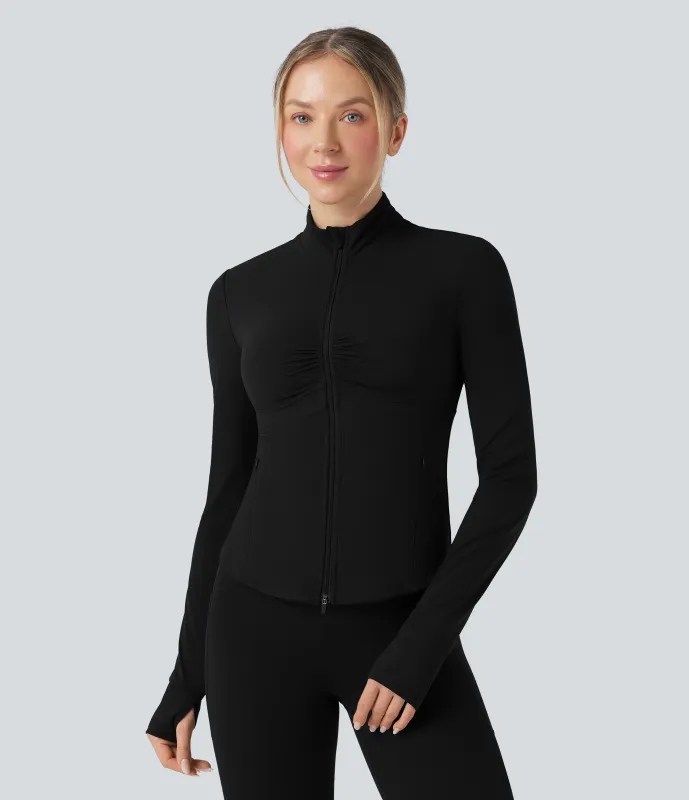 Halara Chamarra de yoga Halara UltraSculpt™ de manga larga con fruncido, cuello alto y push-up con abertura para el pulgar y bolsillos - Black - L sold by Halara