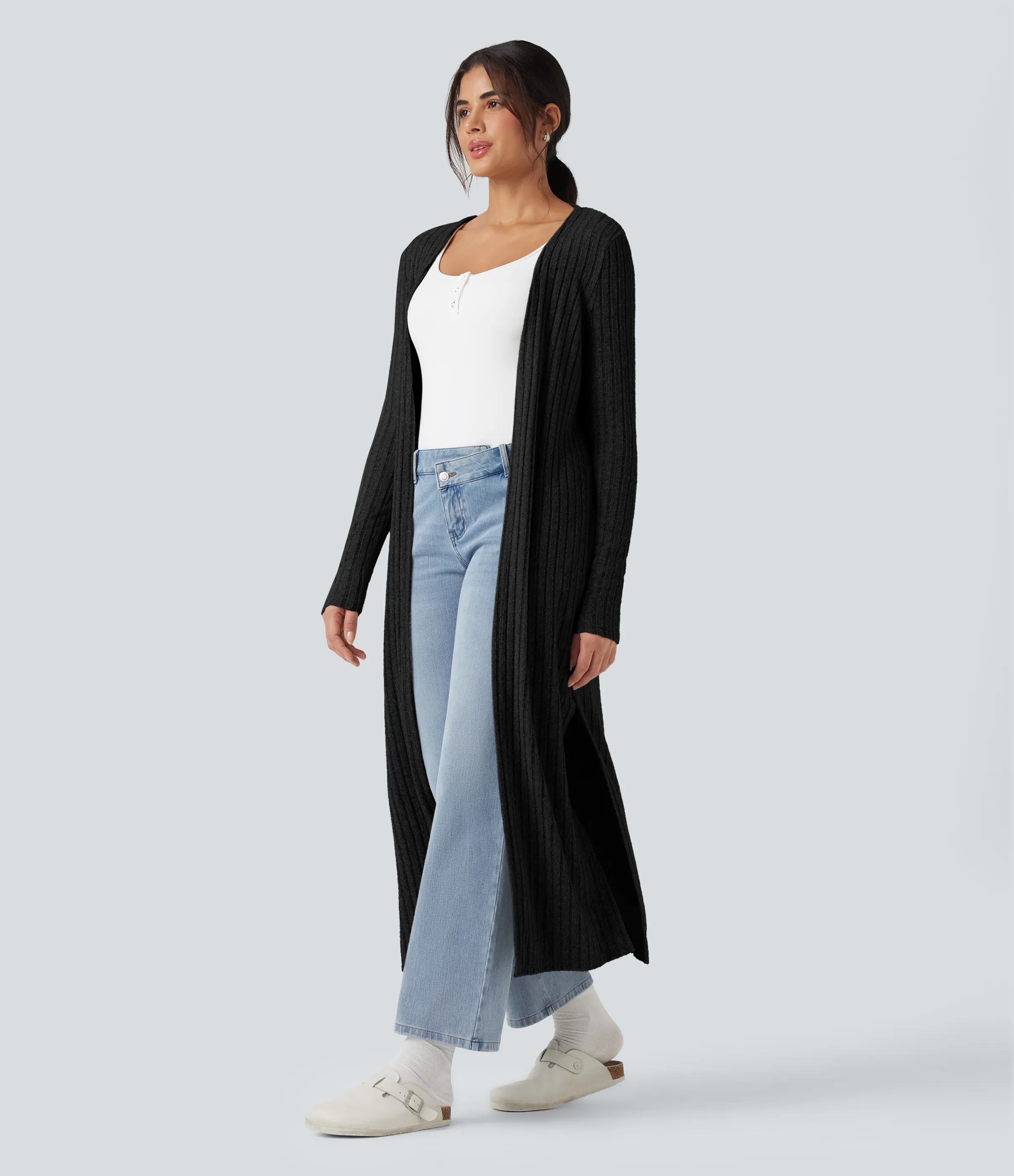 Halara Abrigo largo casual de punto acanalado con mangas largas y abertura - Black - S sold by Halara product image thumbnail 2