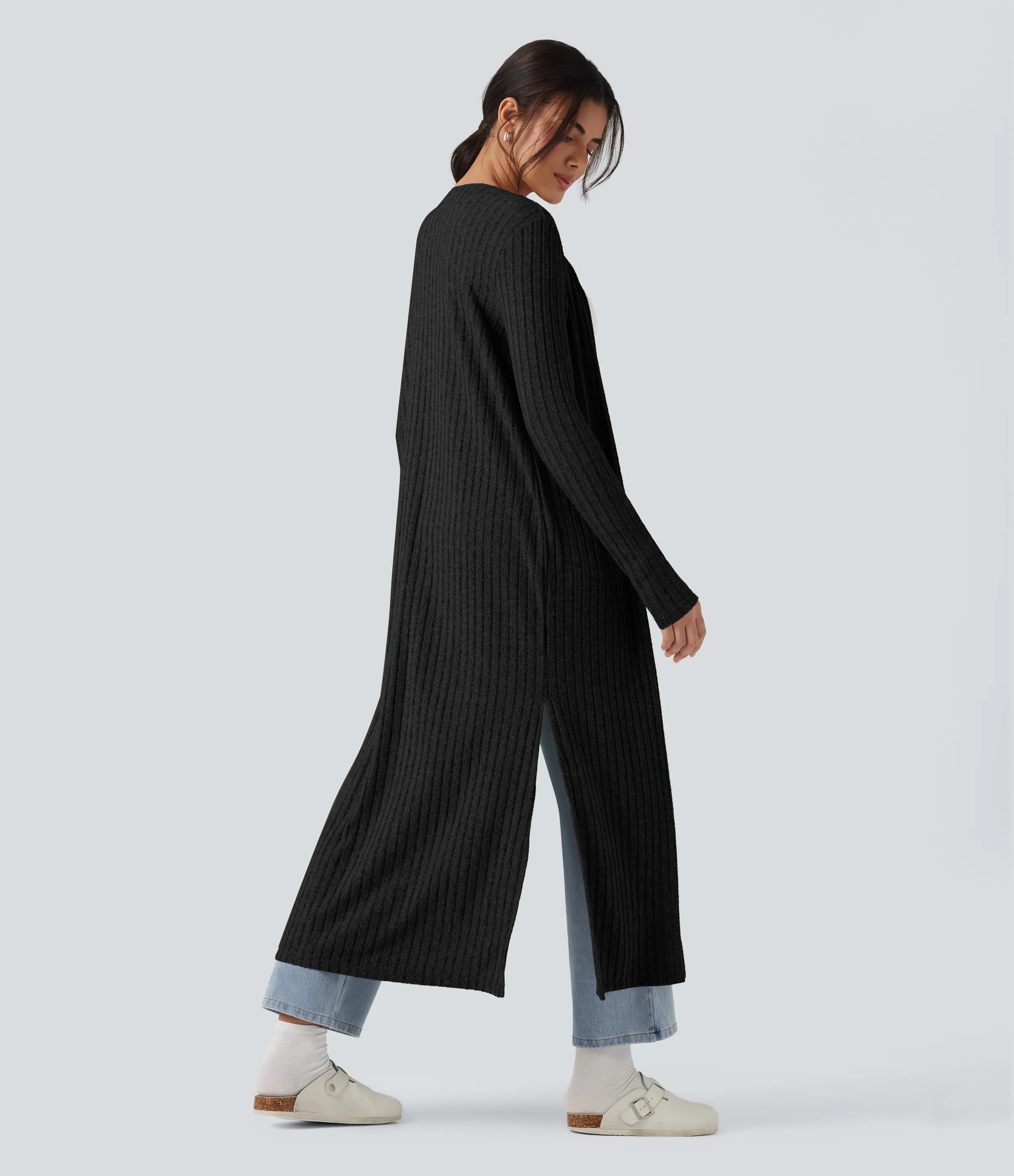 Halara Abrigo largo casual de punto acanalado con mangas largas y abertura - Black - S sold by Halara product image thumbnail 3