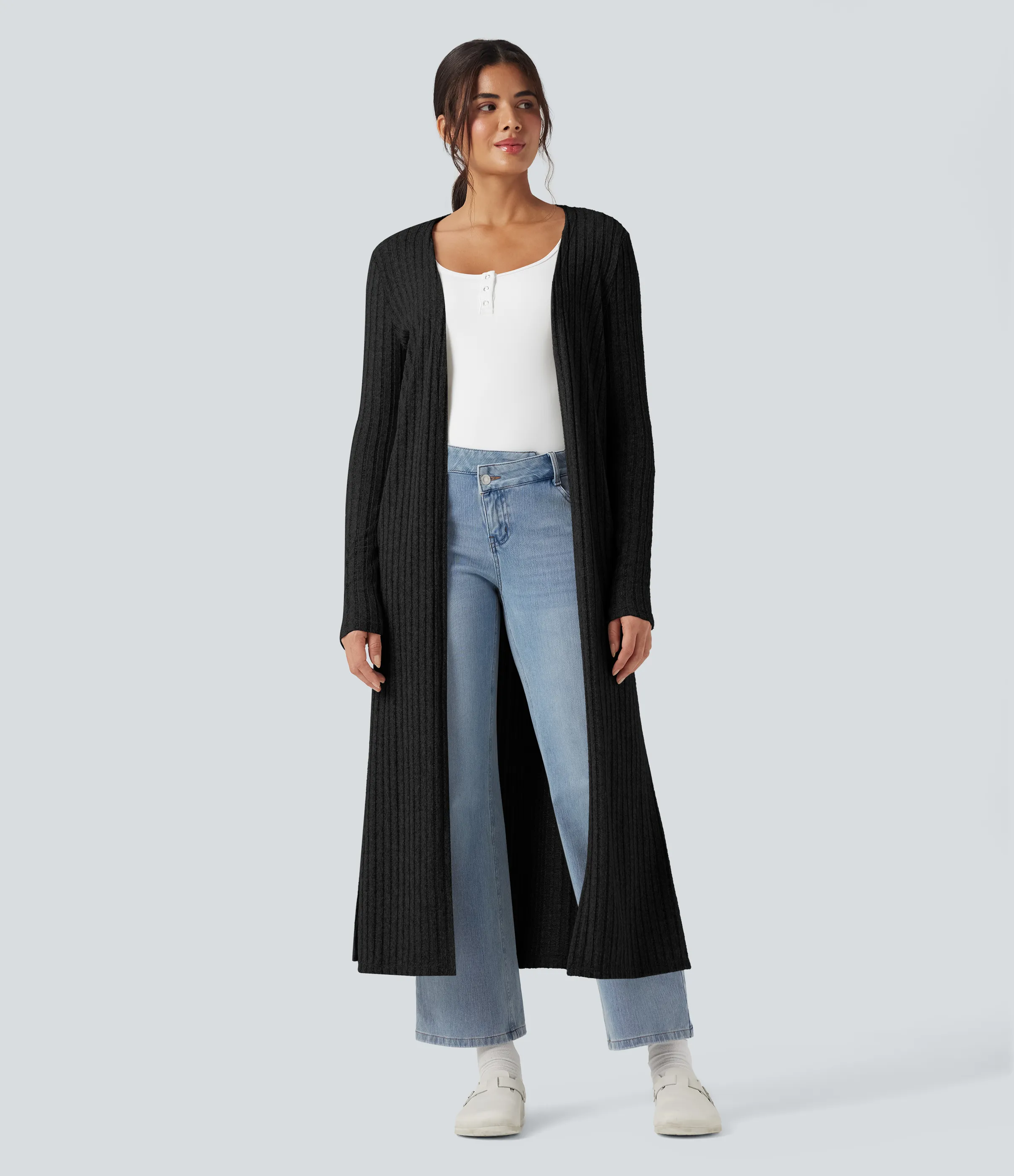 Halara Abrigo largo casual de punto acanalado con mangas largas y abertura - Black - S sold by Halara product image thumbnail 4
