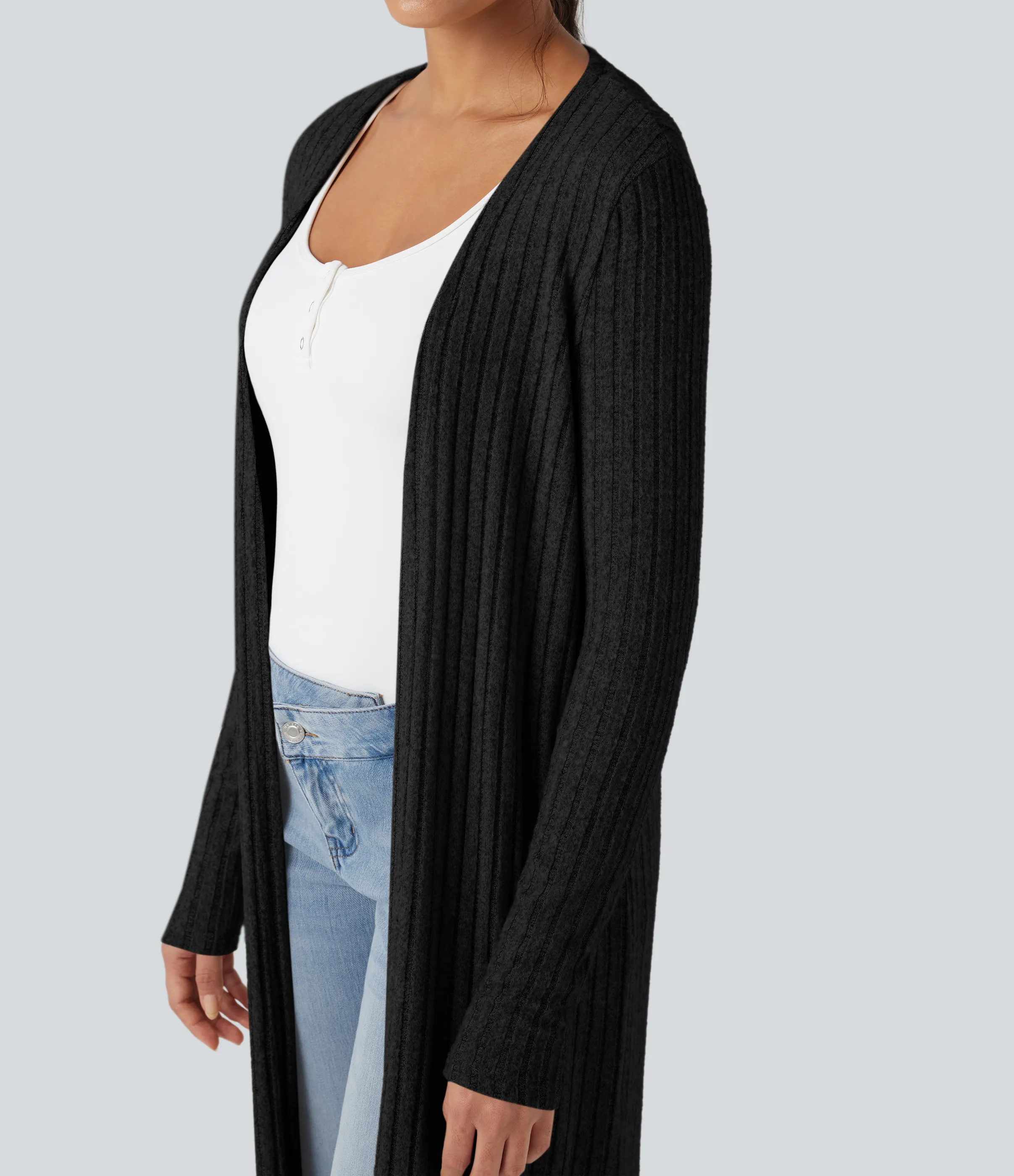 Halara Abrigo largo casual de punto acanalado con mangas largas y abertura - Black - S sold by Halara product image thumbnail 5