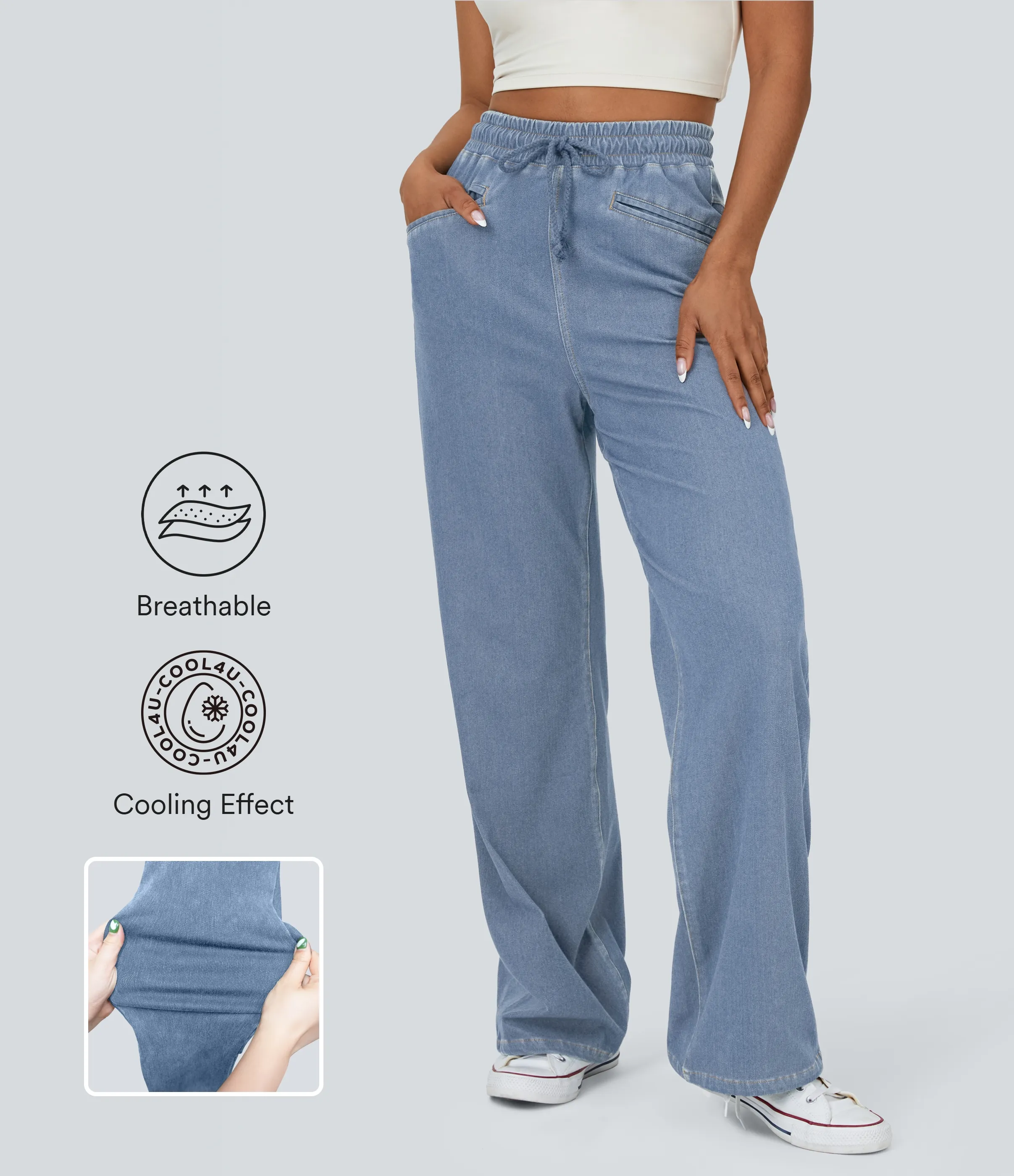Halara Jeans Halara Flex™ Denim mezclilla elástica lavada transpirable tiro alto cordón ajustable bolsillo tacto fresco pierna ancha - Washed Denim Light Blue - XL sold by Halara product image thumbnail 2