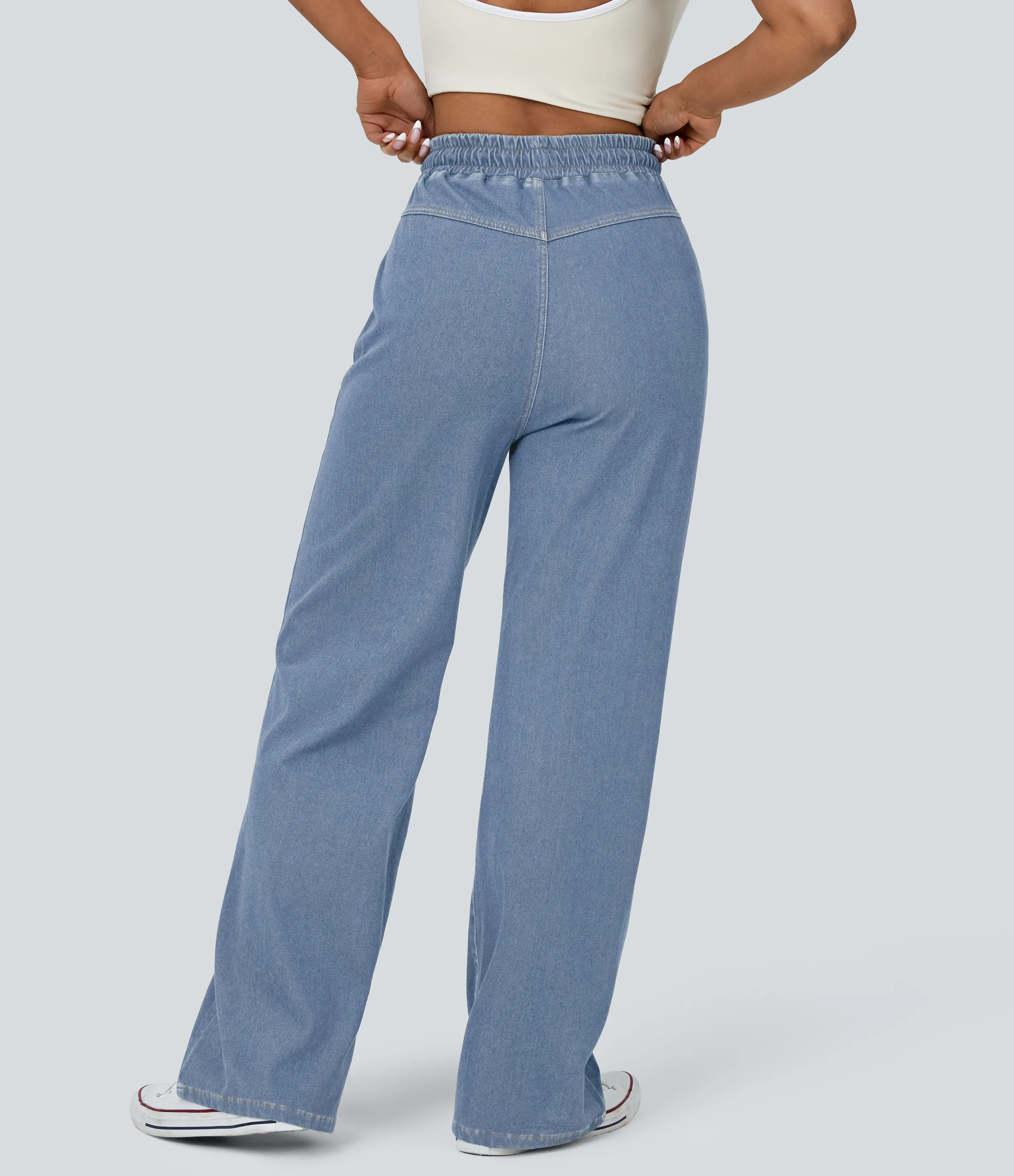 Halara Jeans Halara Flex™ Denim mezclilla elástica lavada transpirable tiro alto cordón ajustable bolsillo tacto fresco pierna ancha - Washed Denim Light Blue - XL sold by Halara product image thumbnail 3