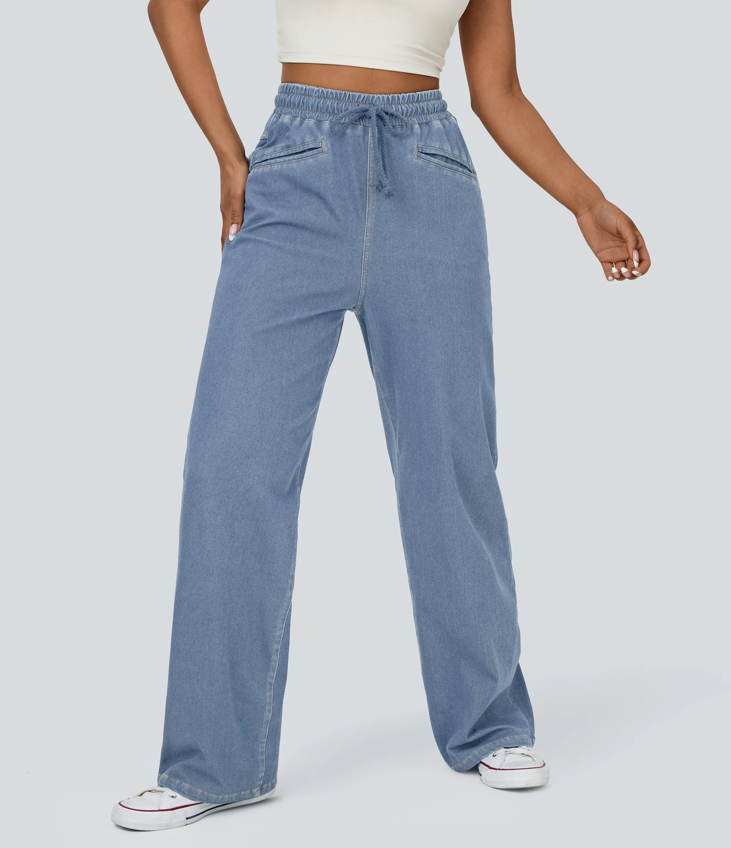 Halara Jeans Halara Flex™ Denim mezclilla elástica lavada transpirable tiro alto cordón ajustable bolsillo tacto fresco pierna ancha - Washed Denim Light Blue - XL sold by Halara product image thumbnail 4