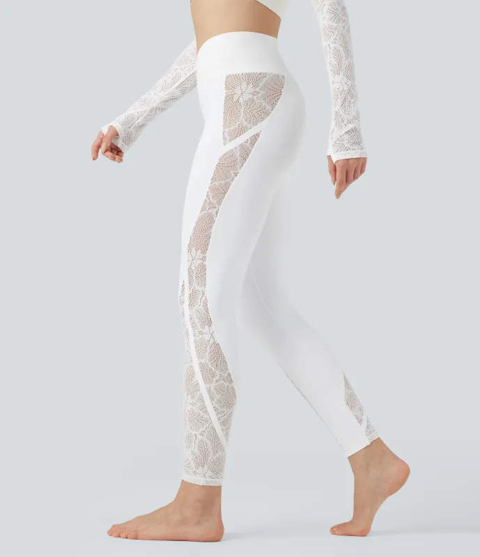 Halara Leggings de yoga SoftlyZero™ de tiro medio cruzados con encaje en contraste y bolsillo - UPF 50+ - White - S(7/8) sold by Halara