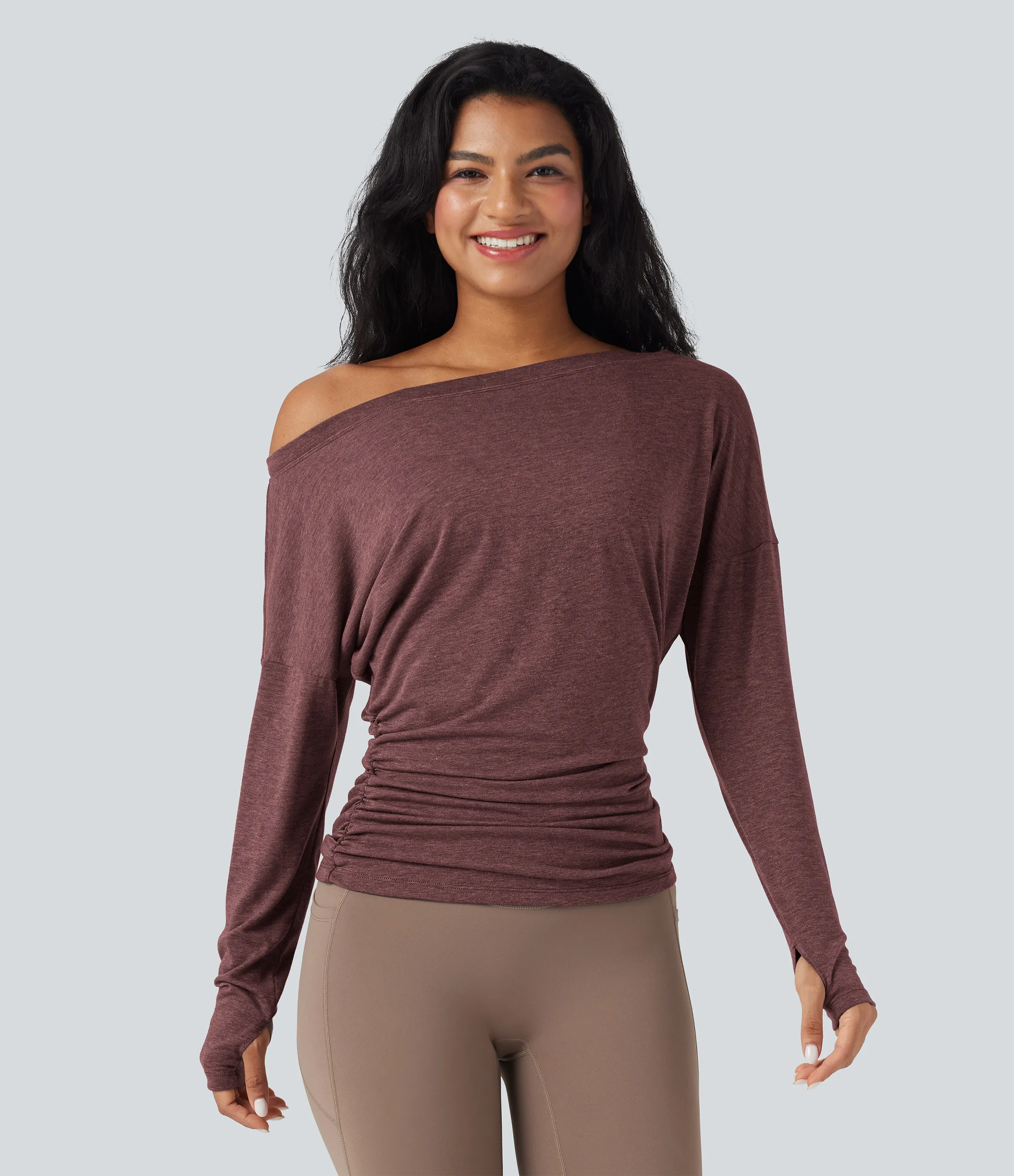 Halara Top deportivo de yoga fruncido con manga larga y un solo hombro con abertura para el pulgar - Mottled Begonia - M sold by Halara product image thumbnail 4