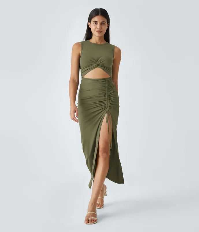 Halara Vestido midi ajustado cuello redondo corte torcido cordón fruncido dobladillo dividido - Capulet Olive - L sold by Halara