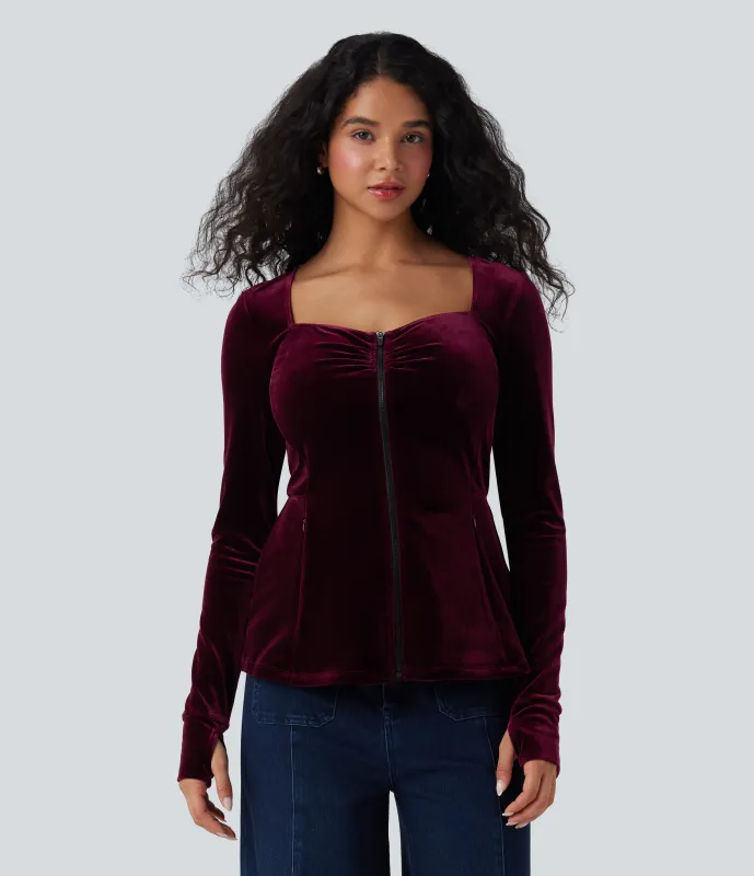 Halara Chamarra casual de terciopelo con cuello cuadrado fruncido, aberturas para los pulgares, cremallera y bolsillos - Dusky purple - XS sold by Halara