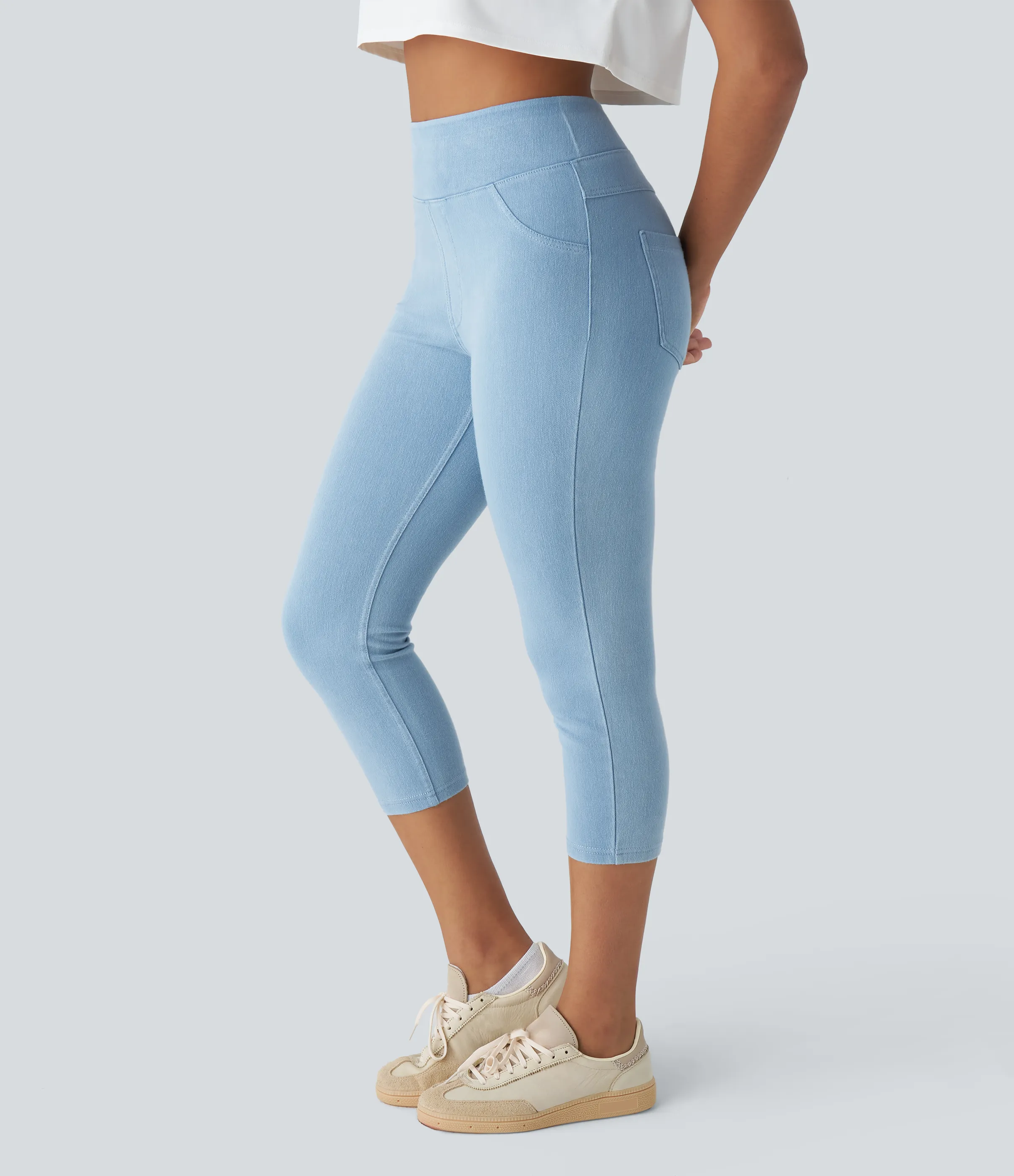 Halara Leggings Halara Flex™ Denim elásticos en longitud capri de tiro alto con bolsillos traseros - Washed Denim Sunny Blue - M sold by Halara product image thumbnail 2