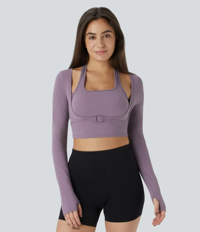 Halara Top deportivo Softlyzero™ Plush yoga 2 en 1 recortado manga larga orificio para pulgar cuello halter - Tulip Purple - L sold by Halara