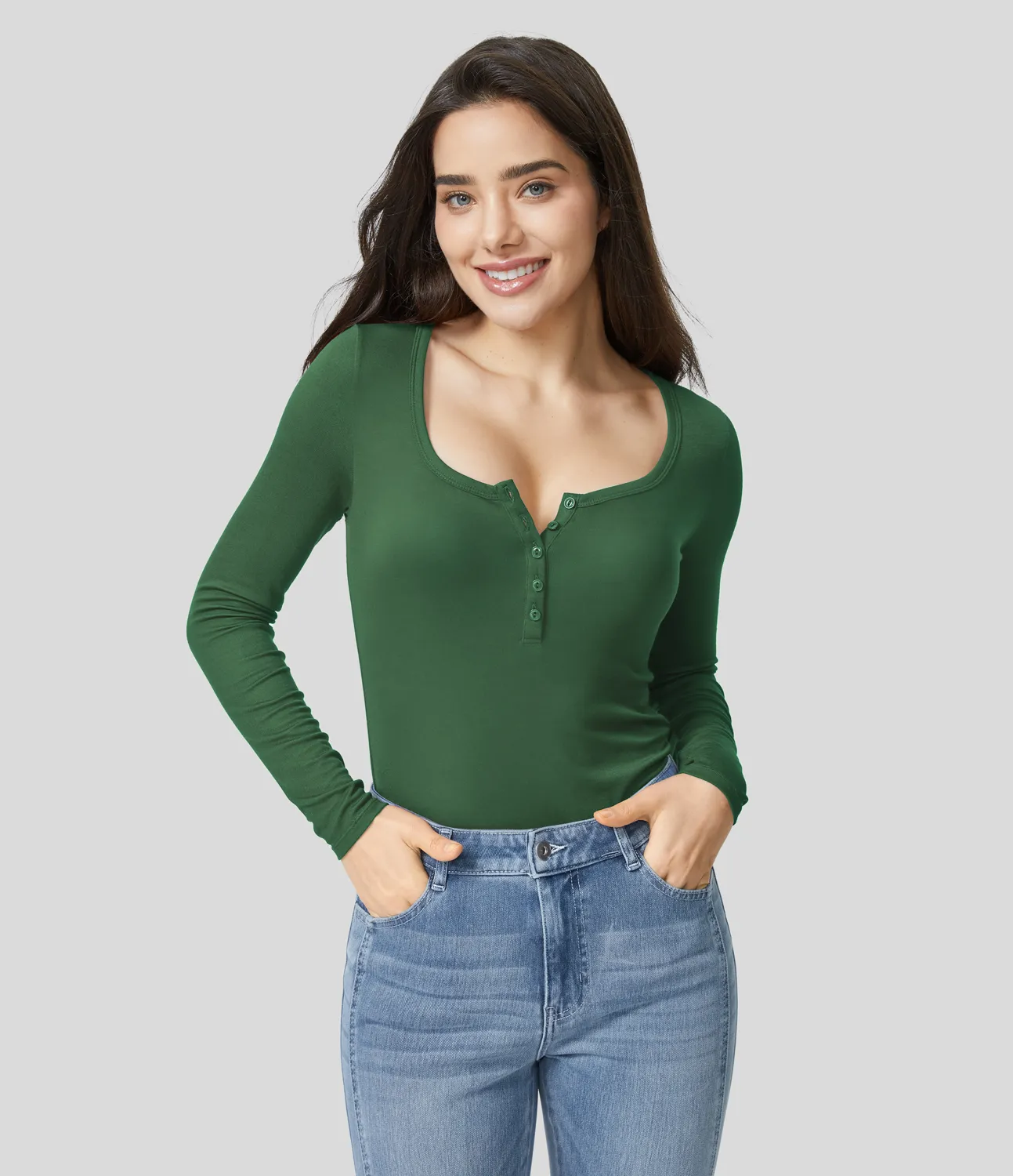 Halara Top ajustado manga larga cuello Henley acanalado - Dark Verdant Green - XS sold by Halara product image thumbnail 2