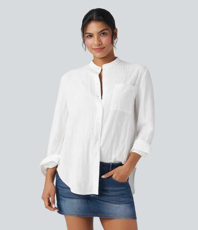 Halara Camisa casual de manga larga con dobladillo curvo y bolsillo - White - L sold by Halara