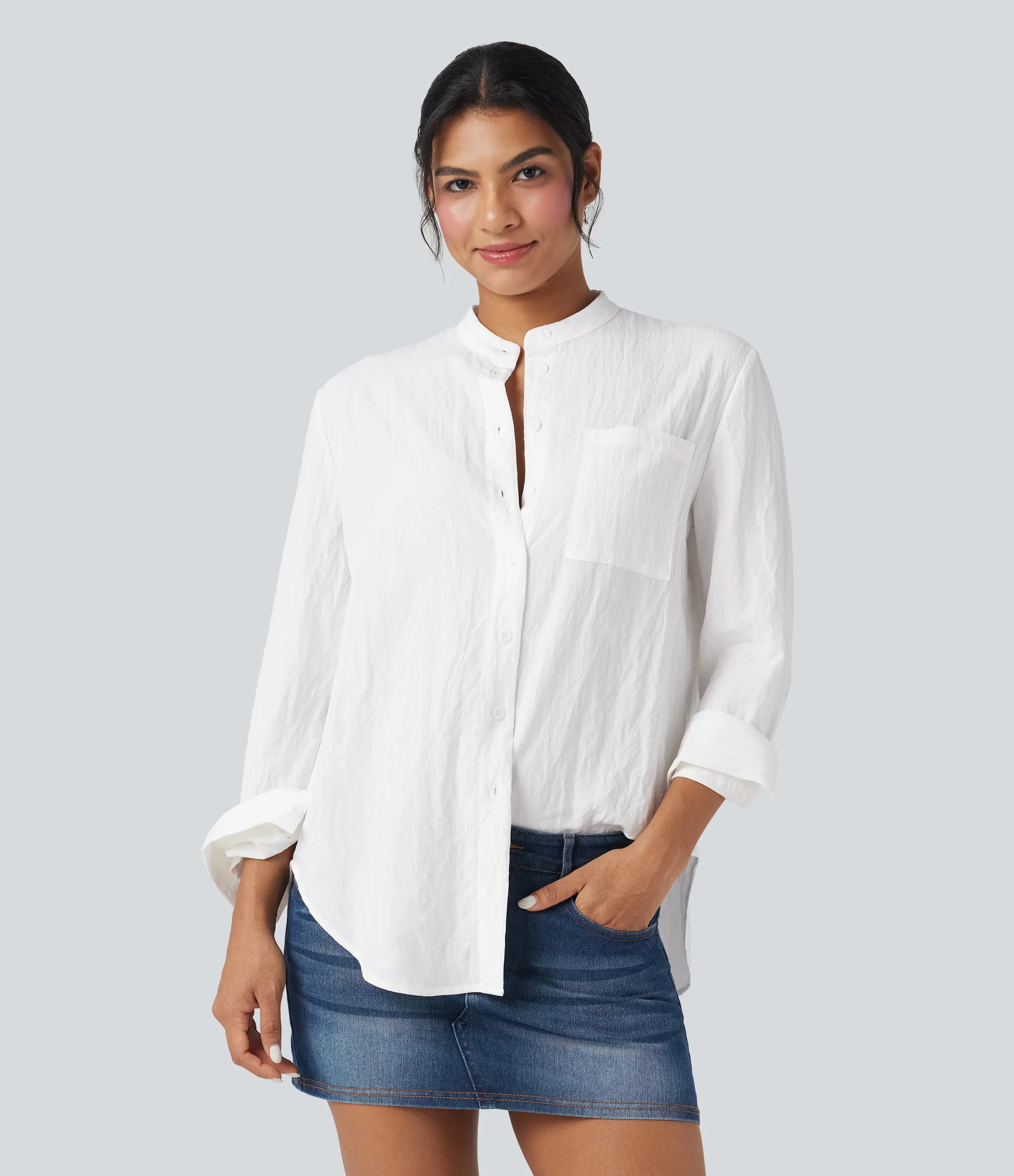 Halara Camisa casual de manga larga con dobladillo curvo y bolsillo - White - L sold by Halara