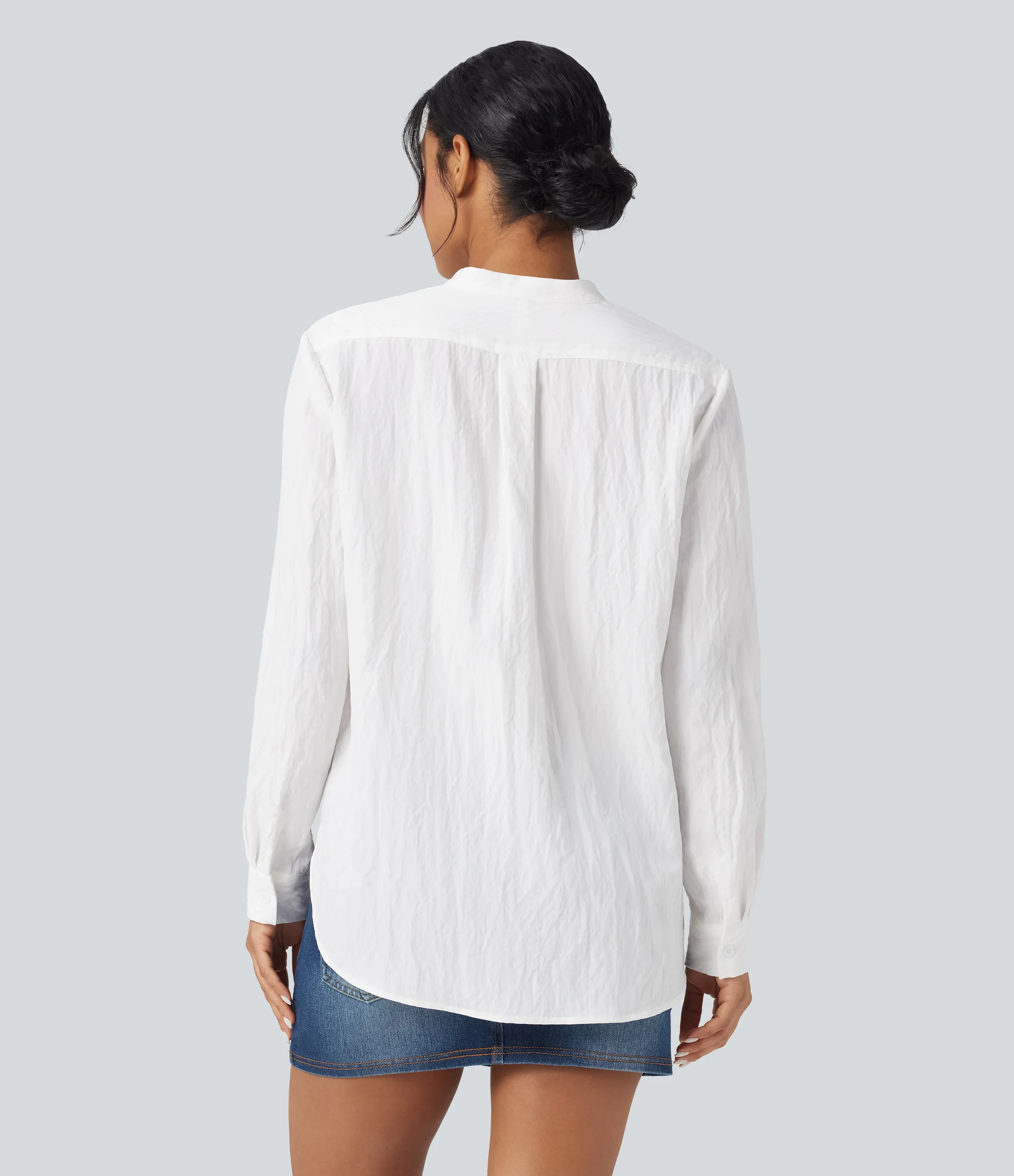 Halara Camisa casual de manga larga con dobladillo curvo y bolsillo - White - L sold by Halara product image thumbnail 3