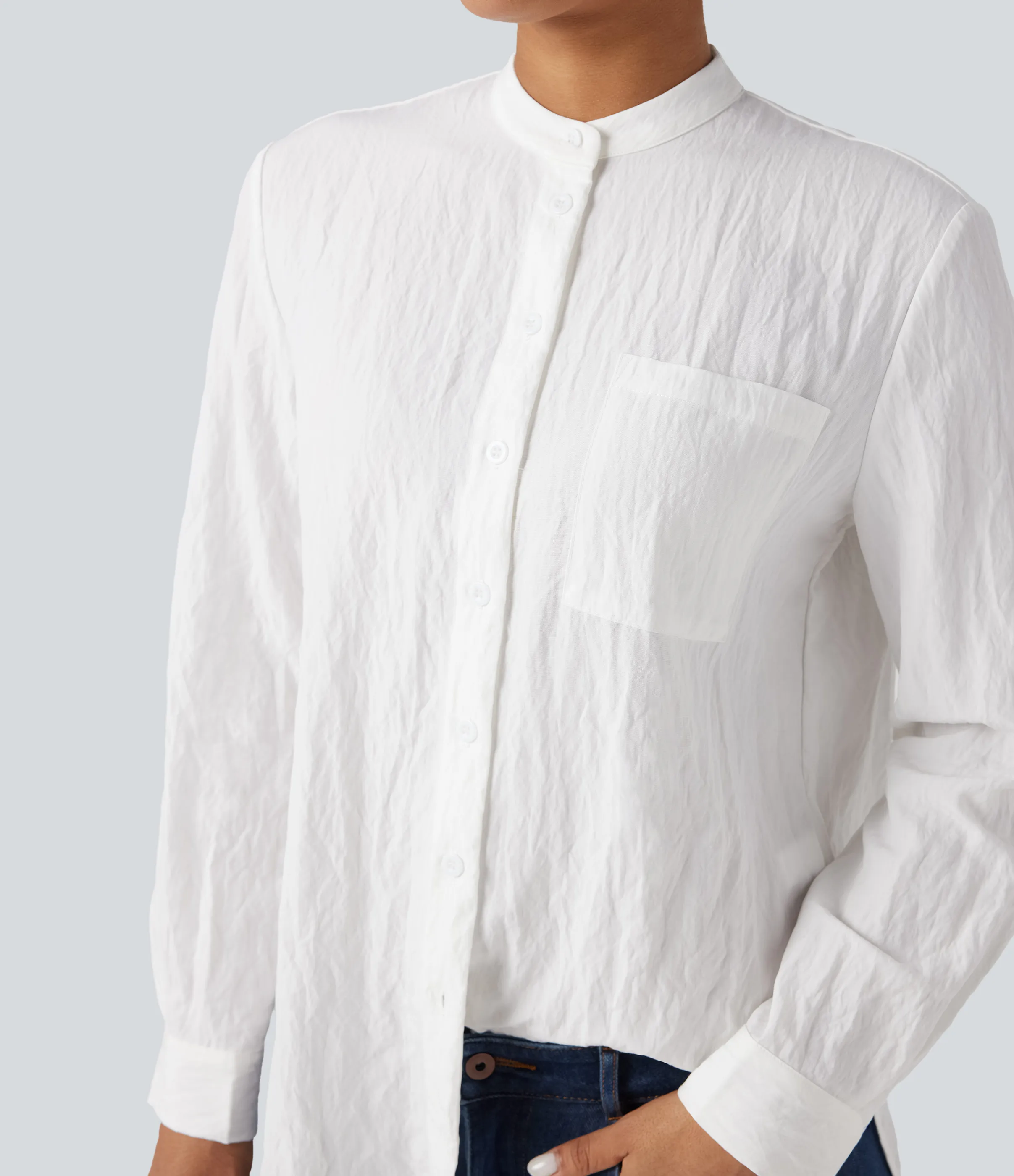 Halara Camisa casual de manga larga con dobladillo curvo y bolsillo - White - L sold by Halara product image thumbnail 5