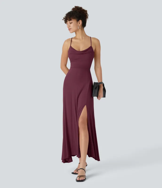 Halara Vestido fiesta midi abertura cordón cruzado sin espalda cuello vuelto acanalado - Maroon Banner - XL sold by Halara