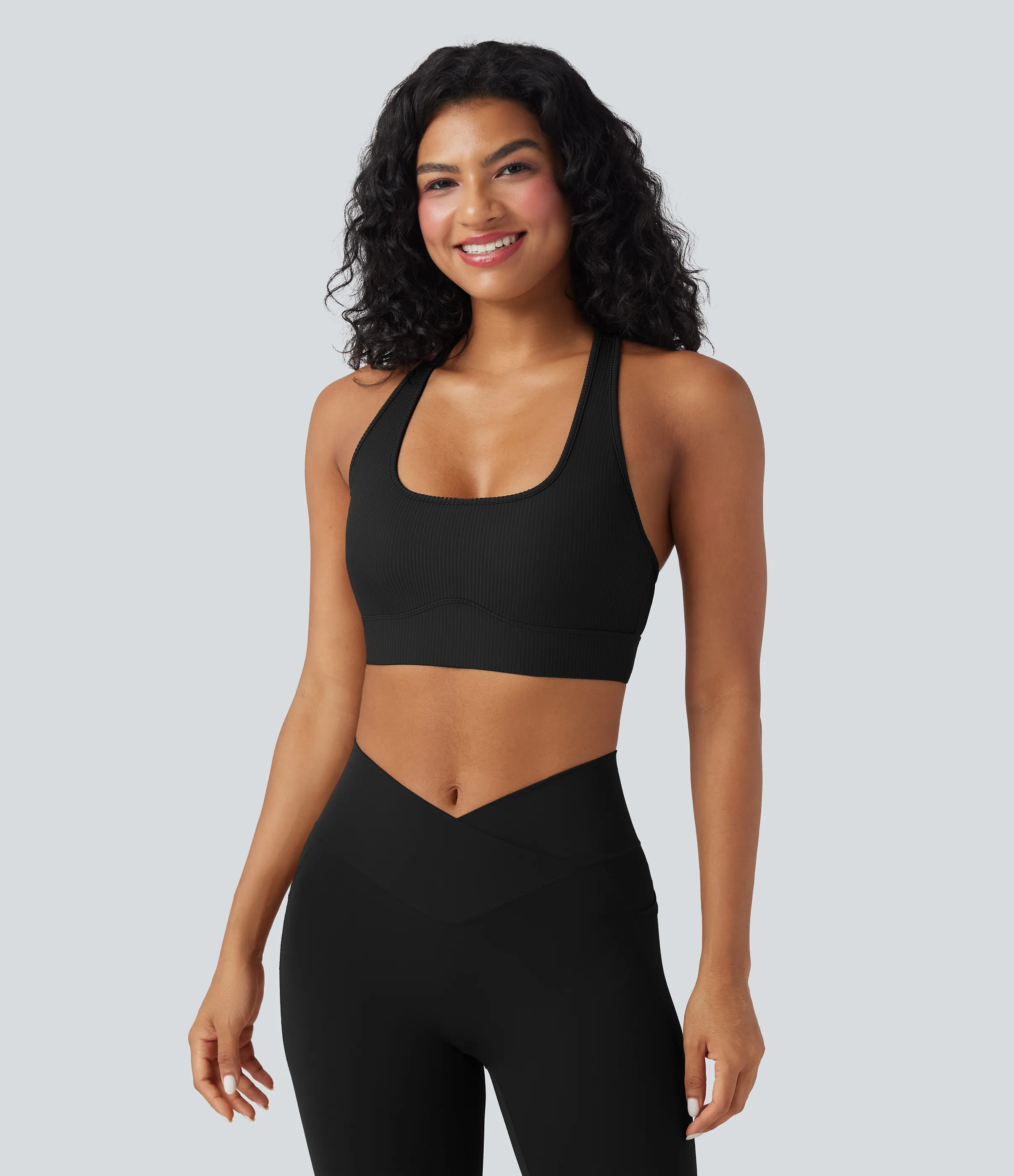 Halara Sujetador deportivo de yoga de punto acanalado con soporte ligero, escote en U y espalda cut-out - Black - XS sold by Halara product image thumbnail 3